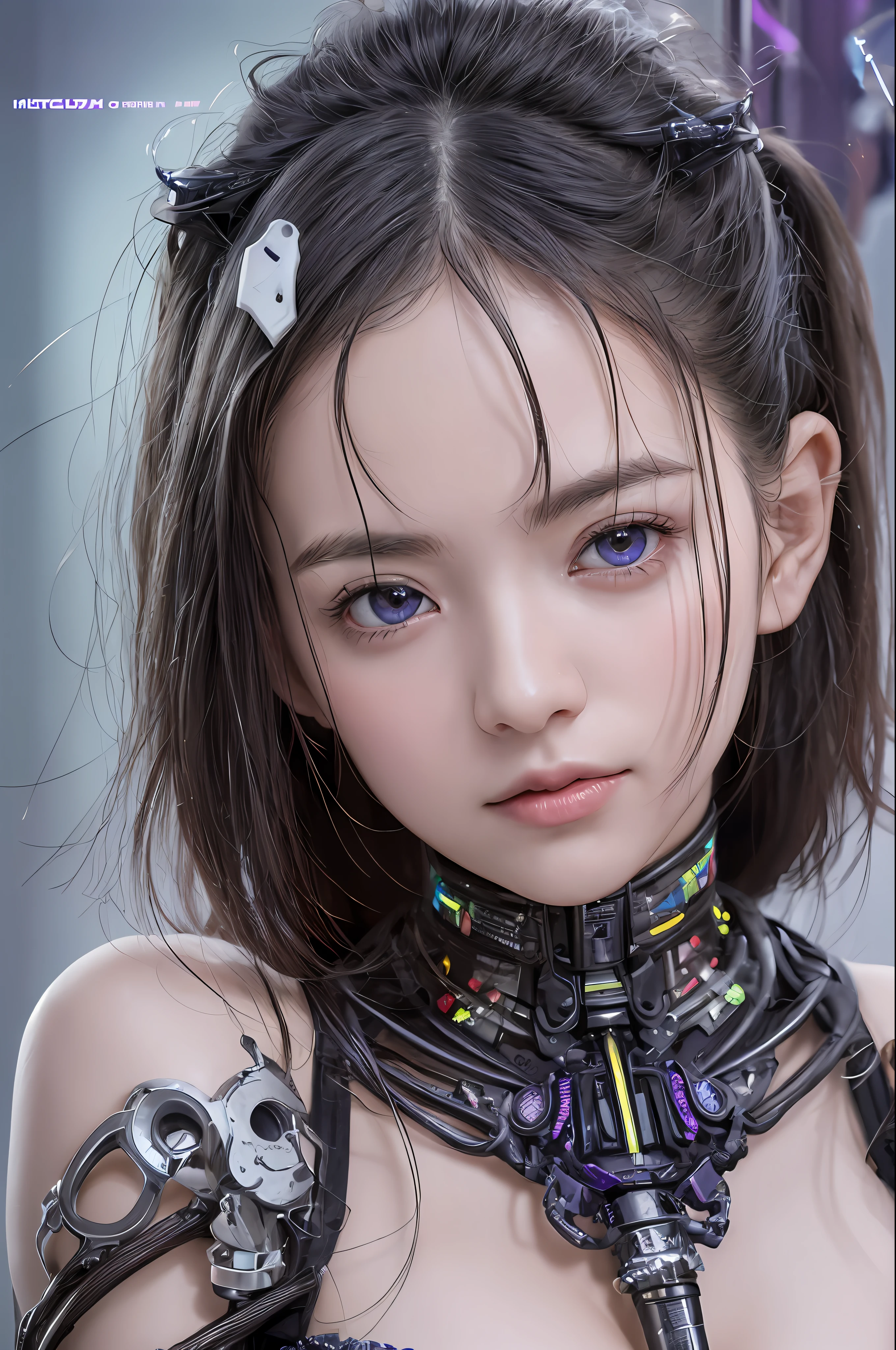 Top Quality, Masterpiece, Ultra High Resolution, (Photorealistic: 1.4), Raw Photo, 1 Girl, Black Hair, Glossy Skin, 1 Mechanical Girl, (Ultra Realistic Detail)), Portrait, Global Illumination, Shadows, Octane Rendering, 8K, Ultra Sharp, Big, Cleavage Exposed Raw Skin, Metal, Intricate Ornament Details, Japan Details, Very intricate details, realistic light, CGSoation trend, purple eyes, glowing eyes, facing the camera, neon details, mechanical limbs, blood vessels connected to the tube, mechanical vertebrae attached to the back, mechanical cervical attachment to the neck, sitting, wires and cables connecting to the head, gundam, small LED lamps,