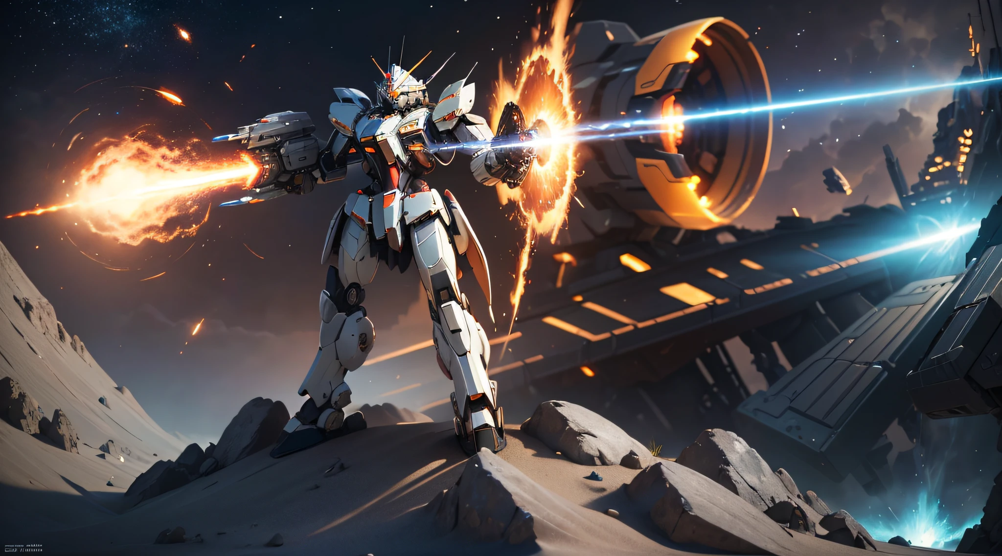 surrealism, ray tracing, realistic, ultra hd, high detail, 32k, best quality, textured skin, gundam mech, flight, funnel, mech ship, masterpiece, best quality, mecha, unmanned, (full body), (black mech: 1.8), (axisymmetric: 1.4), (HDR), (cinematic light: 1.1), white eyes, cool, science fiction, fire, universe, oversized shield, mecha man overlooking the earth background, laser cannon beam, war, conflict, Weapons in hand (with huge weapons: 1.5) --auto --s2