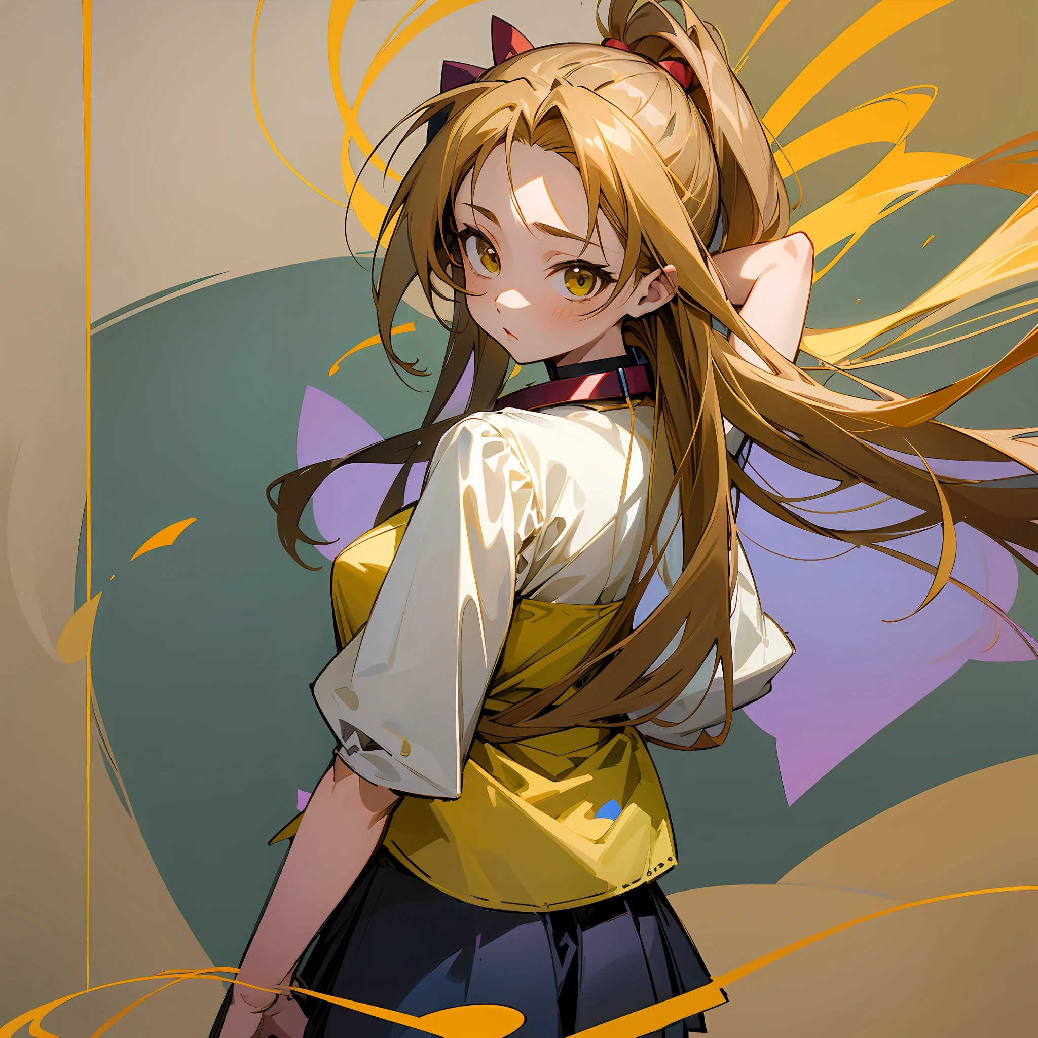 anime character similar to Naru Narusegawa from love hina in the style of the 2000s, straight and long hair coming close to the ????, size 1.60 tall with red mini skirt and blouse with yellow collar. --auto --s2