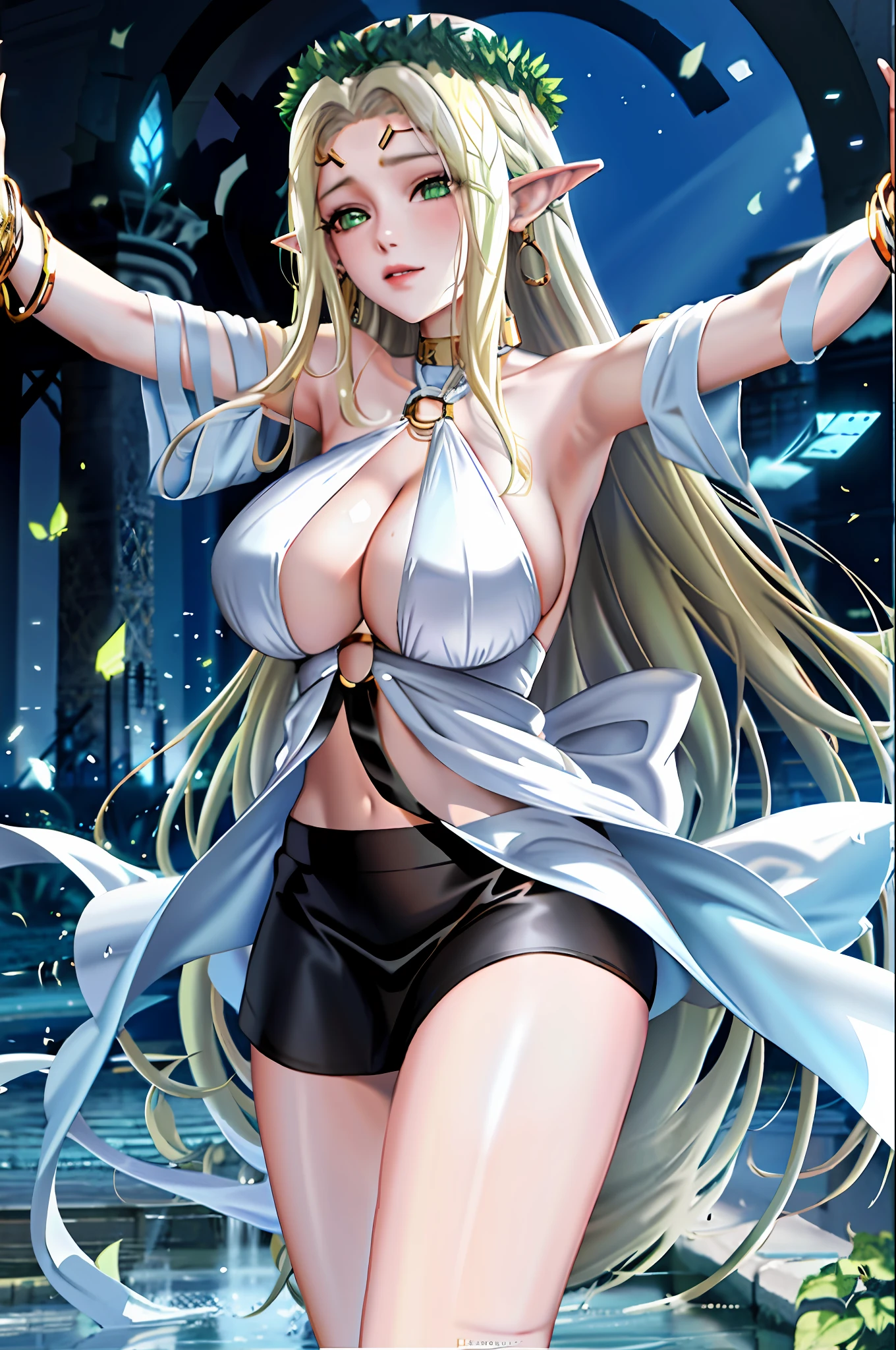 1girl, bare shoulder, blonde, bracelet, chest, ring, cleavage, skirt, earrings, elf, energy sword, green eyes, head ring, hugging, big breasts, jewelry, big breasts, laurel, long hair, looking at the audience, pointed ears, solo, sword, very long hair, weapon, white dress, celestine lucullus, realistic, (shiny skin), (masterpiece: 1.4), (best quality: 1.4)