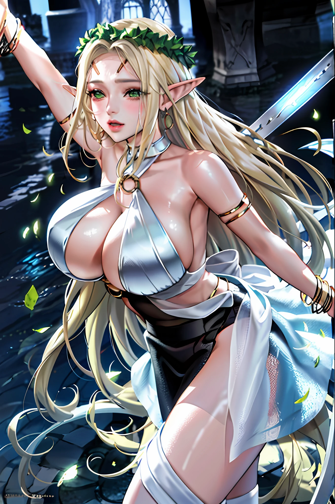 1girl, bare shoulder, blonde, bracelet, chest, ring, cleavage, skirt, earrings, elf, energy sword, green eyes, head ring, hugging, big breasts, jewelry, big breasts, laurel, long hair, looking at the audience, pointed ears, solo, sword, very long hair, weapon, white dress, celestine lucullus, realistic, (shiny skin), (masterpiece: 1.4), (best quality: 1.4)