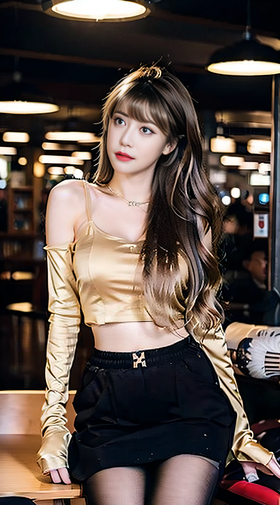 Realistic, 1 girl, long hair, glowing eyes, parted lips, library, belly pocket, mini skirt, single focus, tights