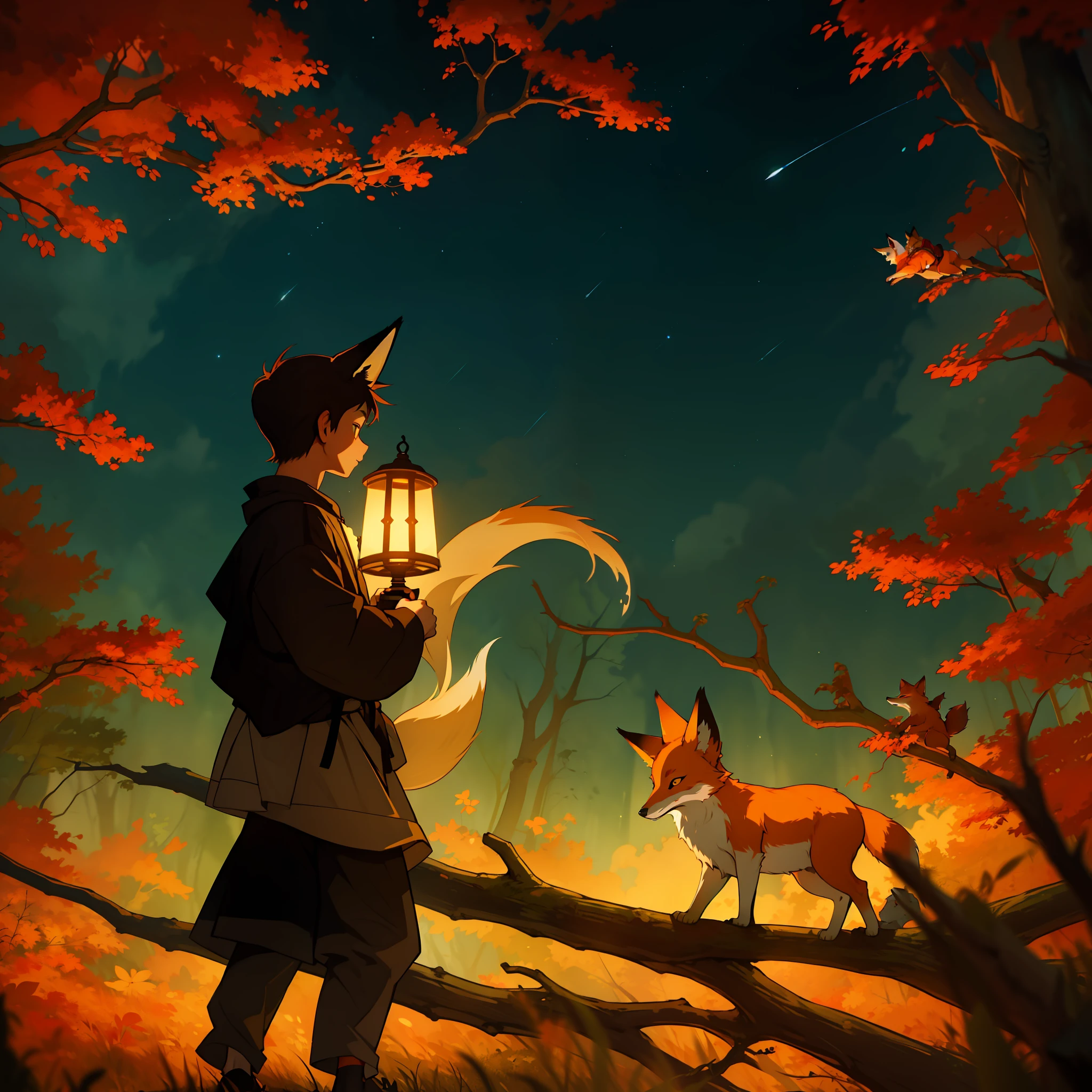 A fox next to a boy in the darkness of a forest full of dangers, this boy is carrying a lamp and the fox has flaming aspects of the color laraja, starry sky and full moon