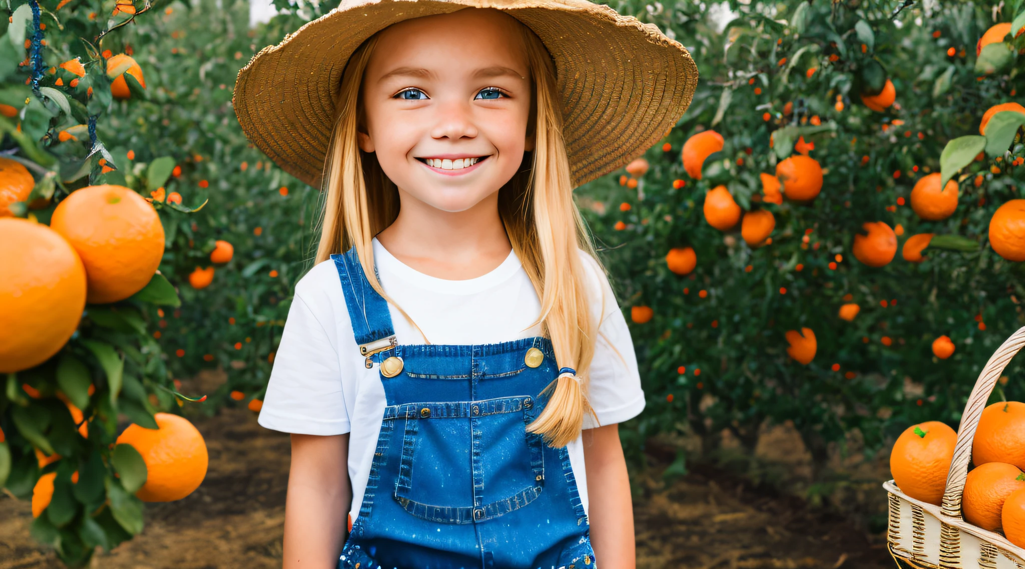 A high-resolution photo of a closeup of a BLONDE girl with long hair, in denim overalls, white T-shirt, loose farmer's hat, looking at the camera, standing in the field of (fruit trees), holding a basket of oranges