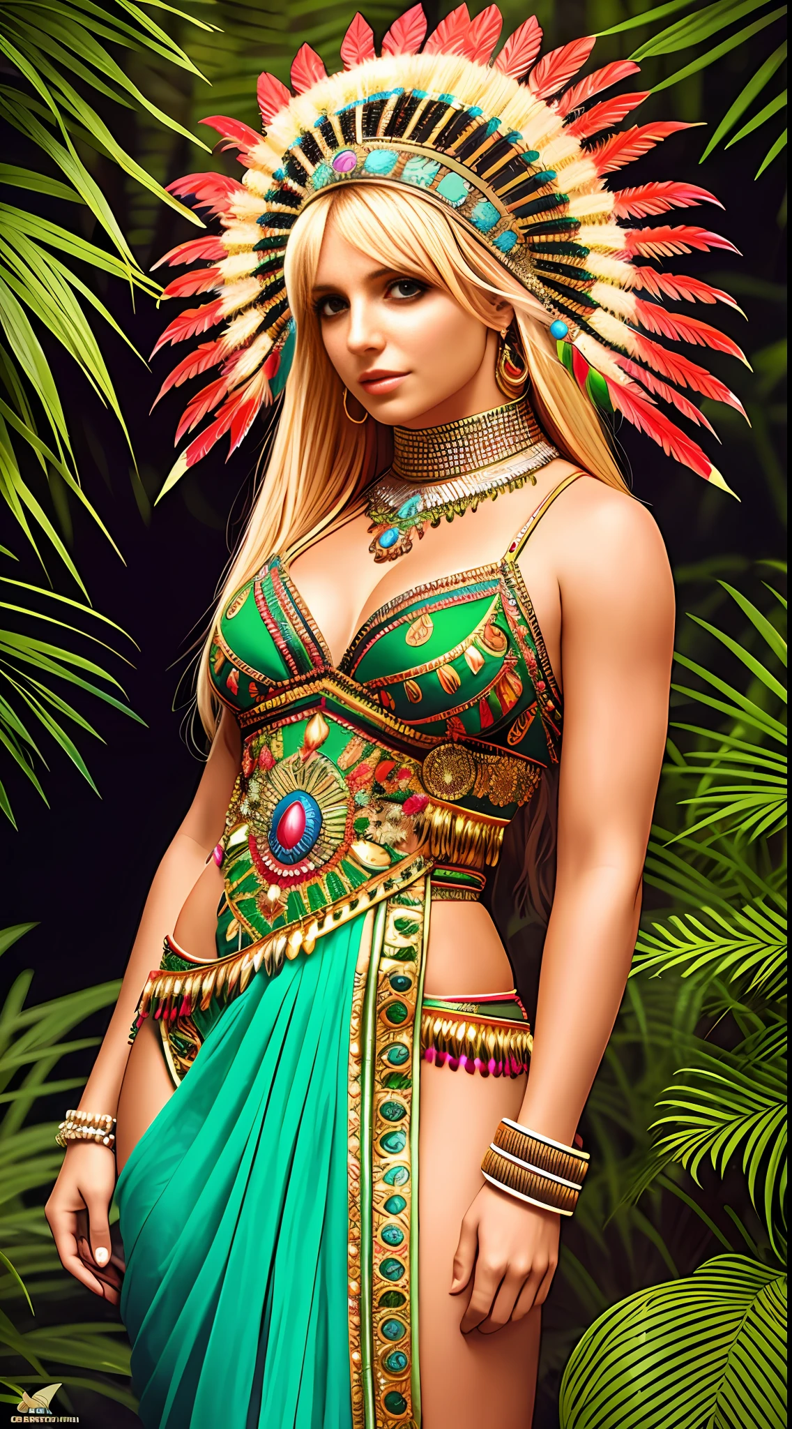 create Britney Spears of India with headdress in Full body photography of the most beautiful artwork in the world, a beautiful woman in intricate costume burning in the jungle, rainbow colors, ArtStation, CGSociety, complex, high detail, clear focus, dramatic, realistic pictorial art trends Greg Rutkovsky