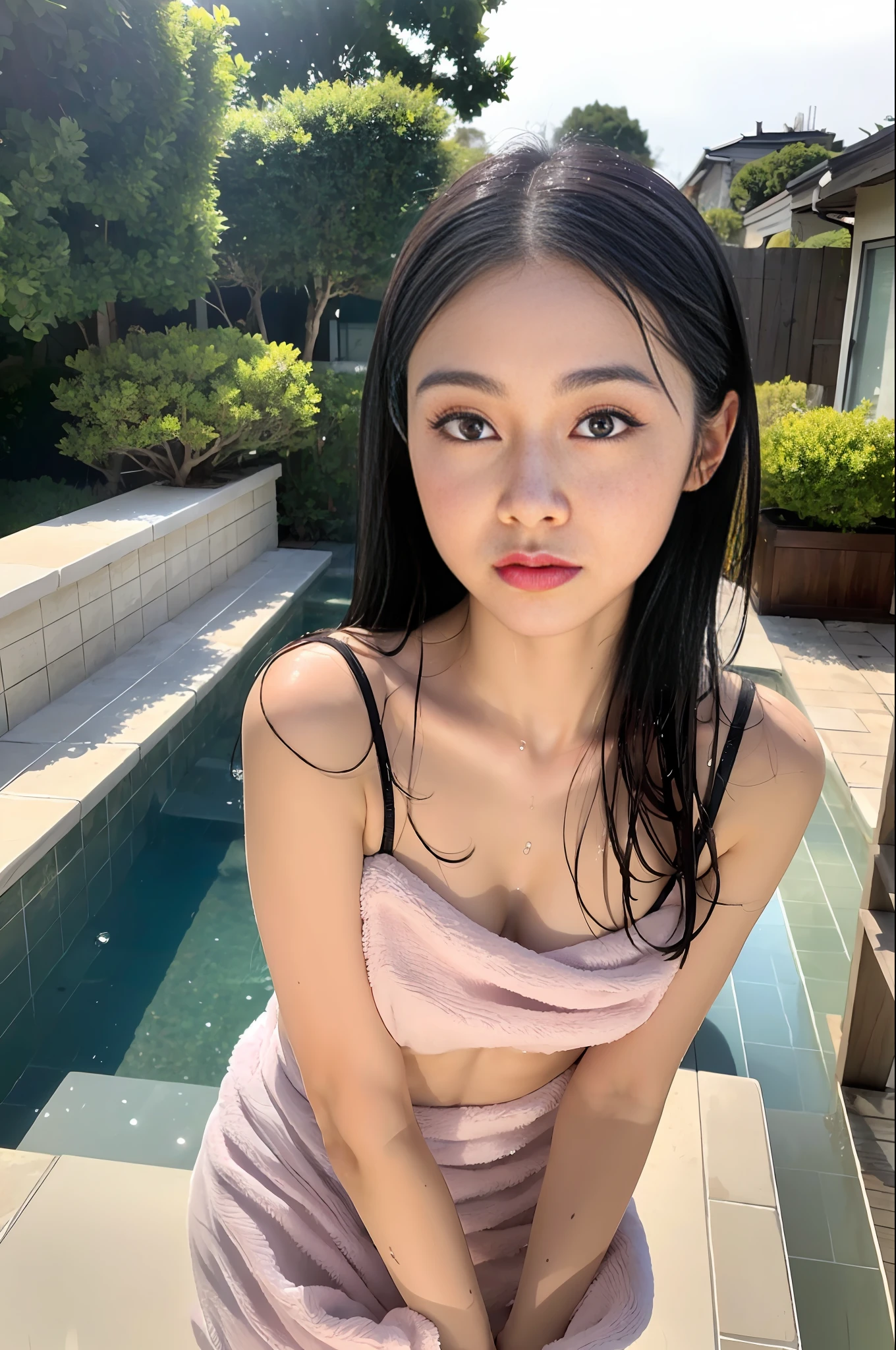 (8K, Best Quality, Masterpiece: 1.2), (Realistic, Photorealistic: 1.37), Ultra Detailed, Soft Light, One Girl, Cute, Solo, Beautiful Details Sky, Open Window, Blush, Pink Cheeks, (Shy Face: 1.15), (Shut Up), (Skinny: 1.7), (Flat Chest: 1.9), (Small Breast: 1.9), (Small Breast: 1.9), Beautiful delicate eyes, beautiful delicate nose, rain, (medium hair: 1.5), puffy novafrog style, visible, (black hair), squinted, thin eyebrows, mature face, ((towel slippery, wet skin, wet hair, wet face, disheveled hair)), arms outstretched, hands grabbing one side of the tub))), open-air bath, Japan hot spring, hot spring, night