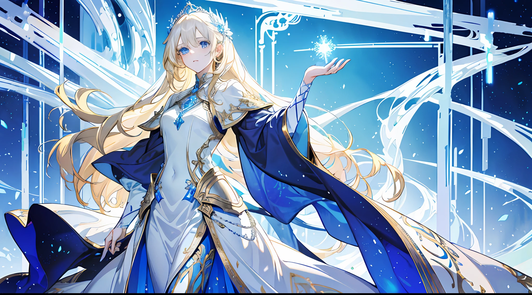 A girl, beautiful, otherworldly, tall, elegant, full-body, (long blonde hair), princess outfit, gold and silver decorations, armor, white and blue long dress, light surrounding, streamer, magic, extreme detail, 8k