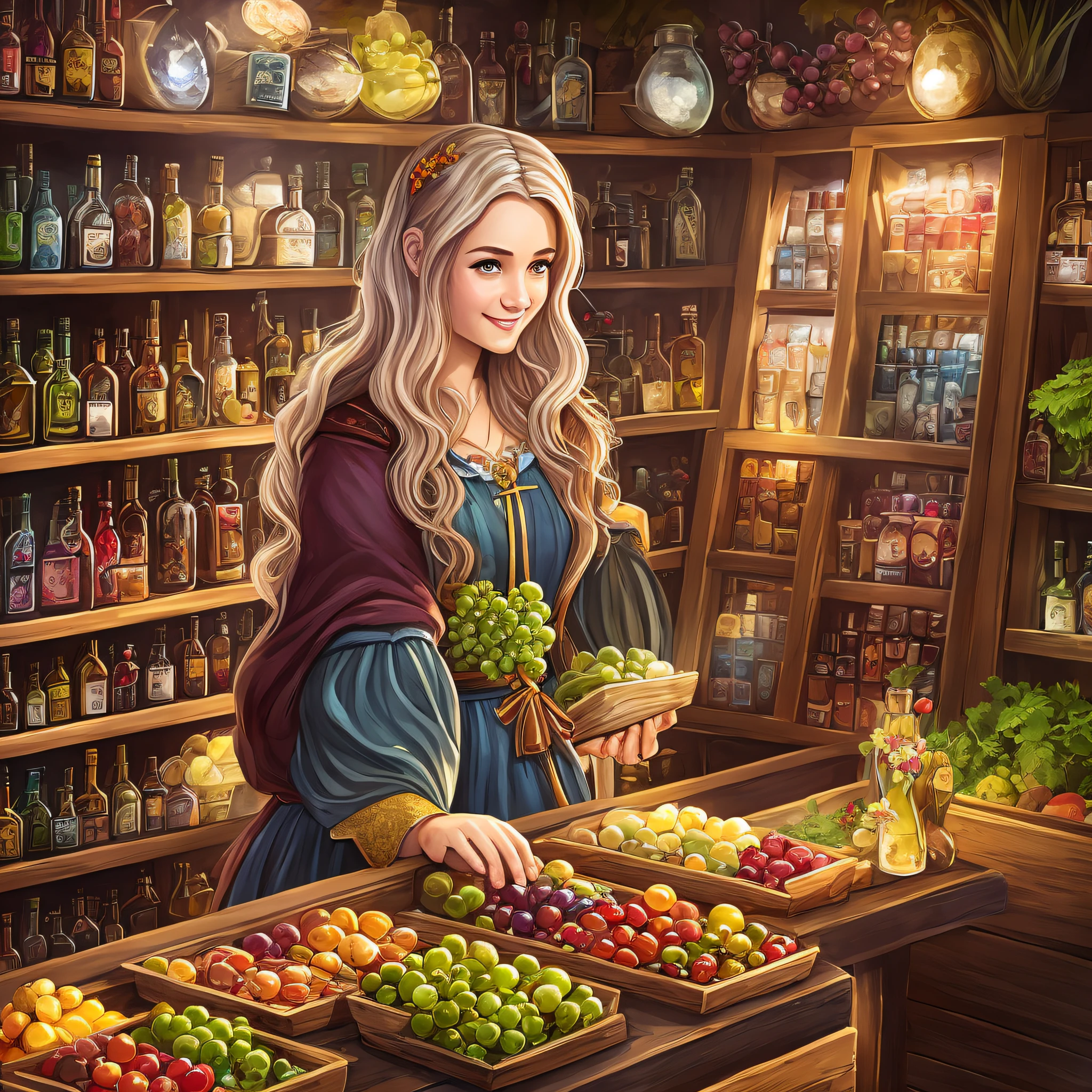 There is a woman standing in a shop with jars of fruit, a fantasy portrait, wine bottles, graphic artist Magali Villeneuve, book portrait RPG, art station by Alexander Fomin, fantasy concept art portrait, concept art RPG portrait, fantasy role-playing game book illustration, fantasy character portrait, artistic character portrait, medieval outfit, European face, big eyes, smile, coquette --auto --s2