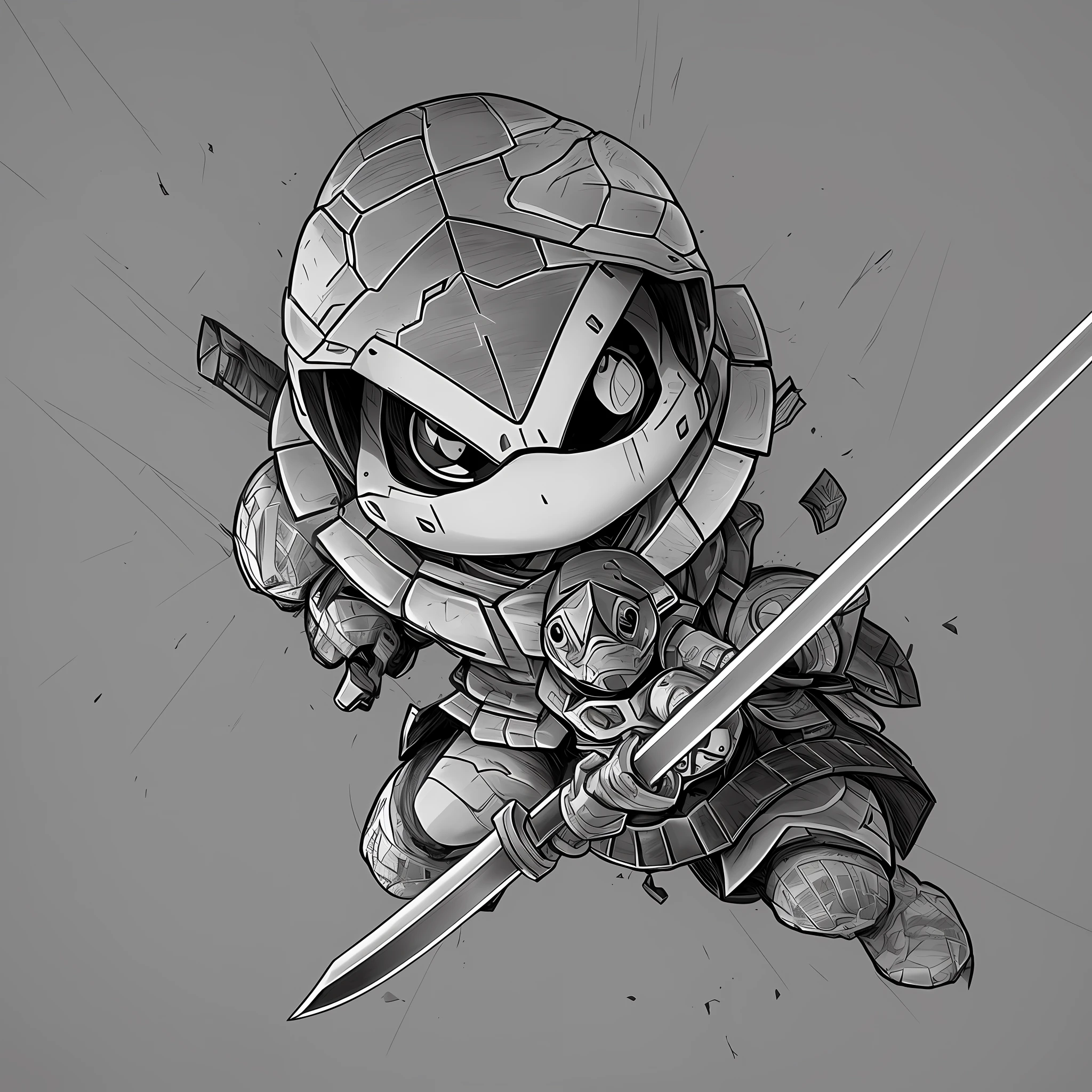 Line style, battle damage wind, little turtle with sword, scan, black and white, sketch, light and shadow, projection, cute --auto --s2