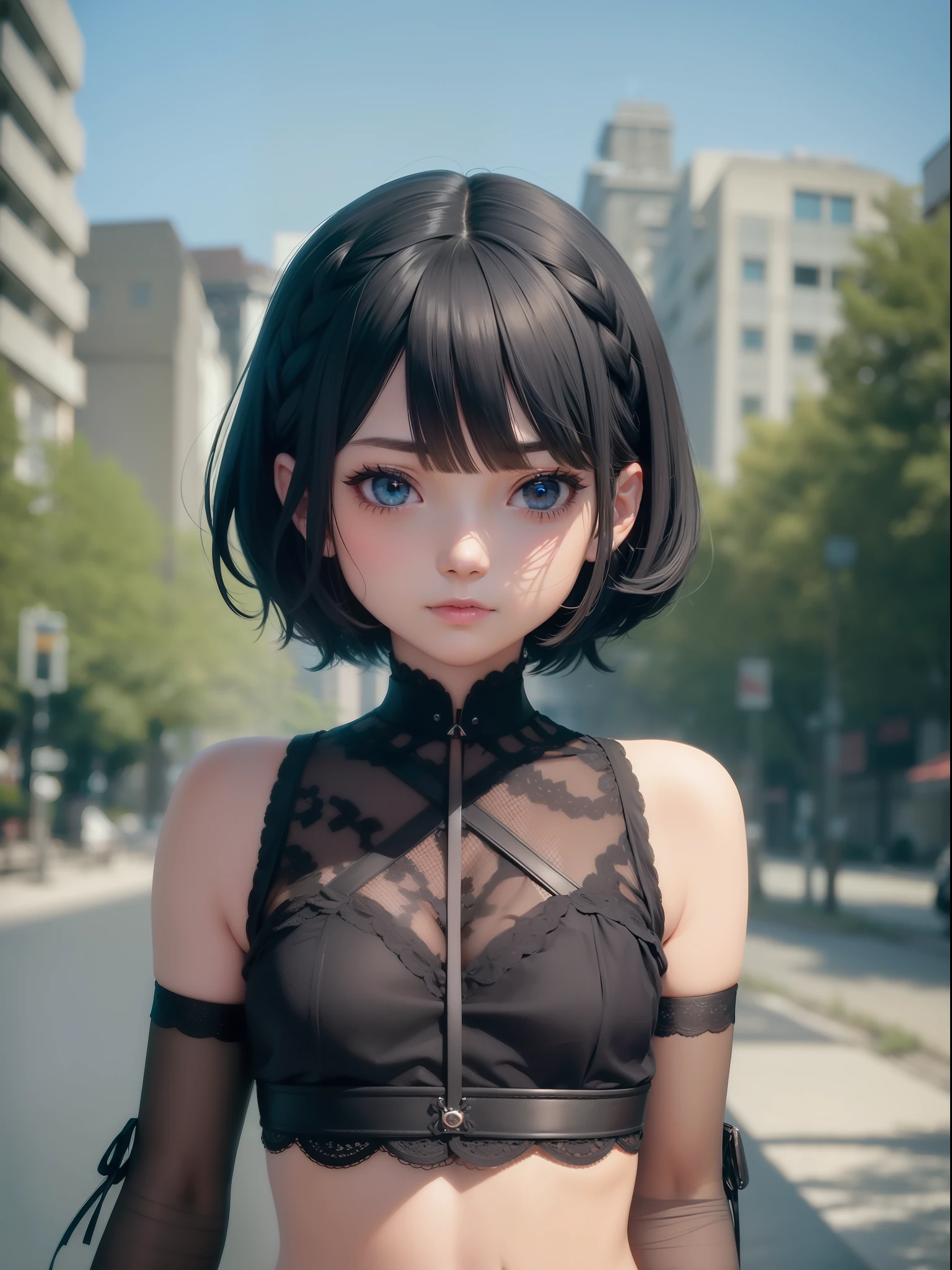 Loli, short hair, black hair, twin braids, aqua eyes, 8k, super detail, masterpiece, textured skin, super detail, best quality, 16k, upper body, princess cut, flat chest, looking at the viewer, shy, bandeau, gray band on arms