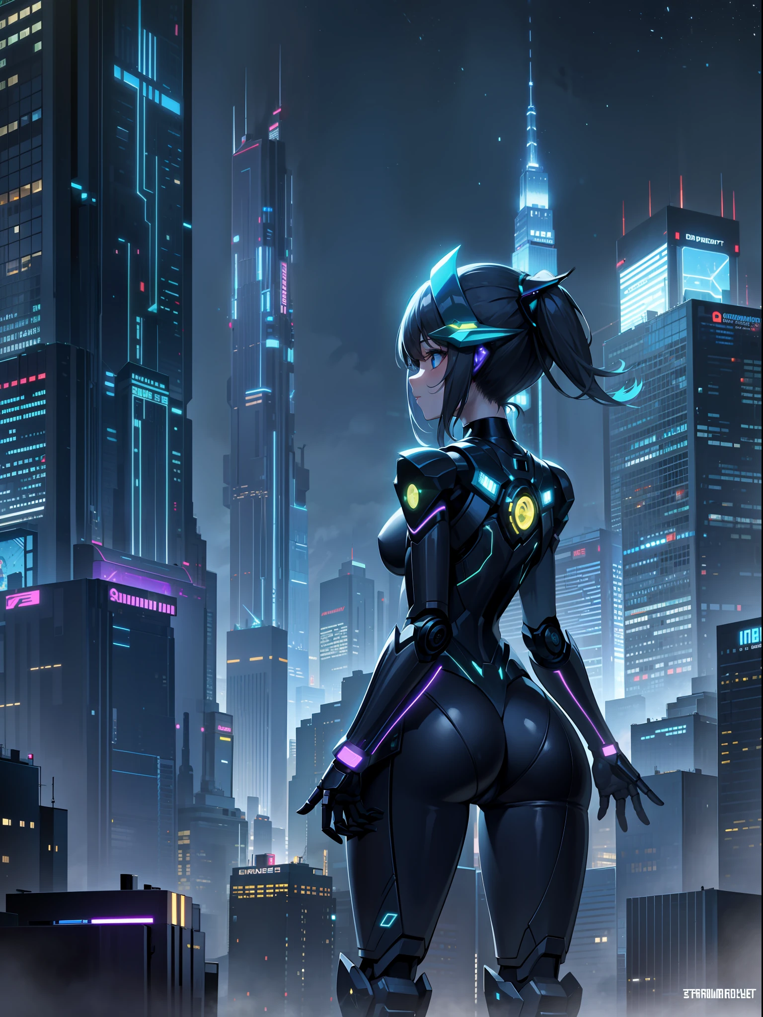 At night, buildings and robot girls shine beautifully, and the whole city is enveloped in fantastic light. The starry sky is also beautiful and harmonizes with the city lights. This futuristic cityscape represents a beautiful future where technological progress and sustainable development are combined