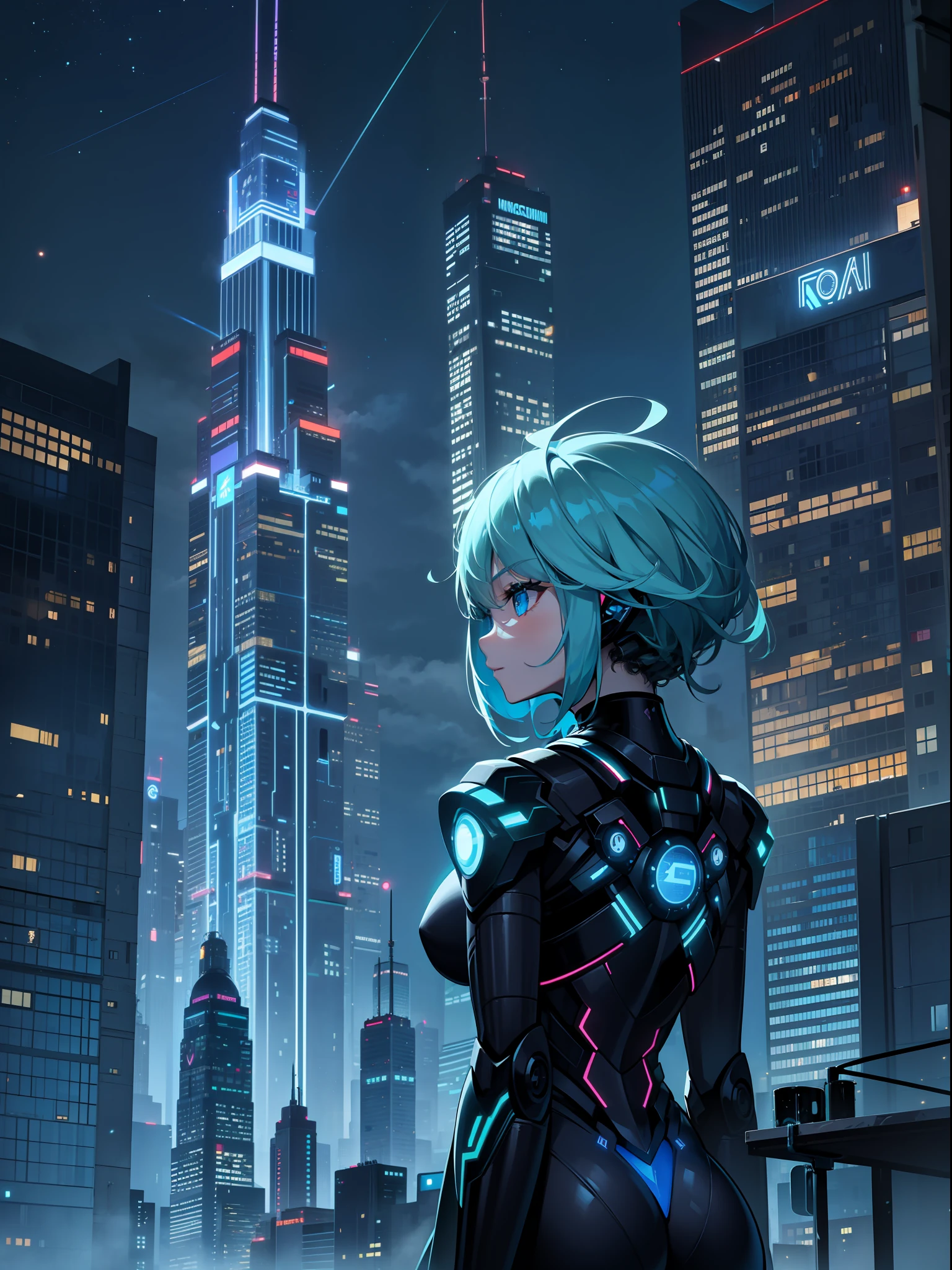 At night, buildings and robot girls shine beautifully, and the whole city is enveloped in fantastic light. The starry sky is also beautiful and harmonizes with the city lights. This futuristic cityscape represents a beautiful future where technological progress and sustainable development are combined