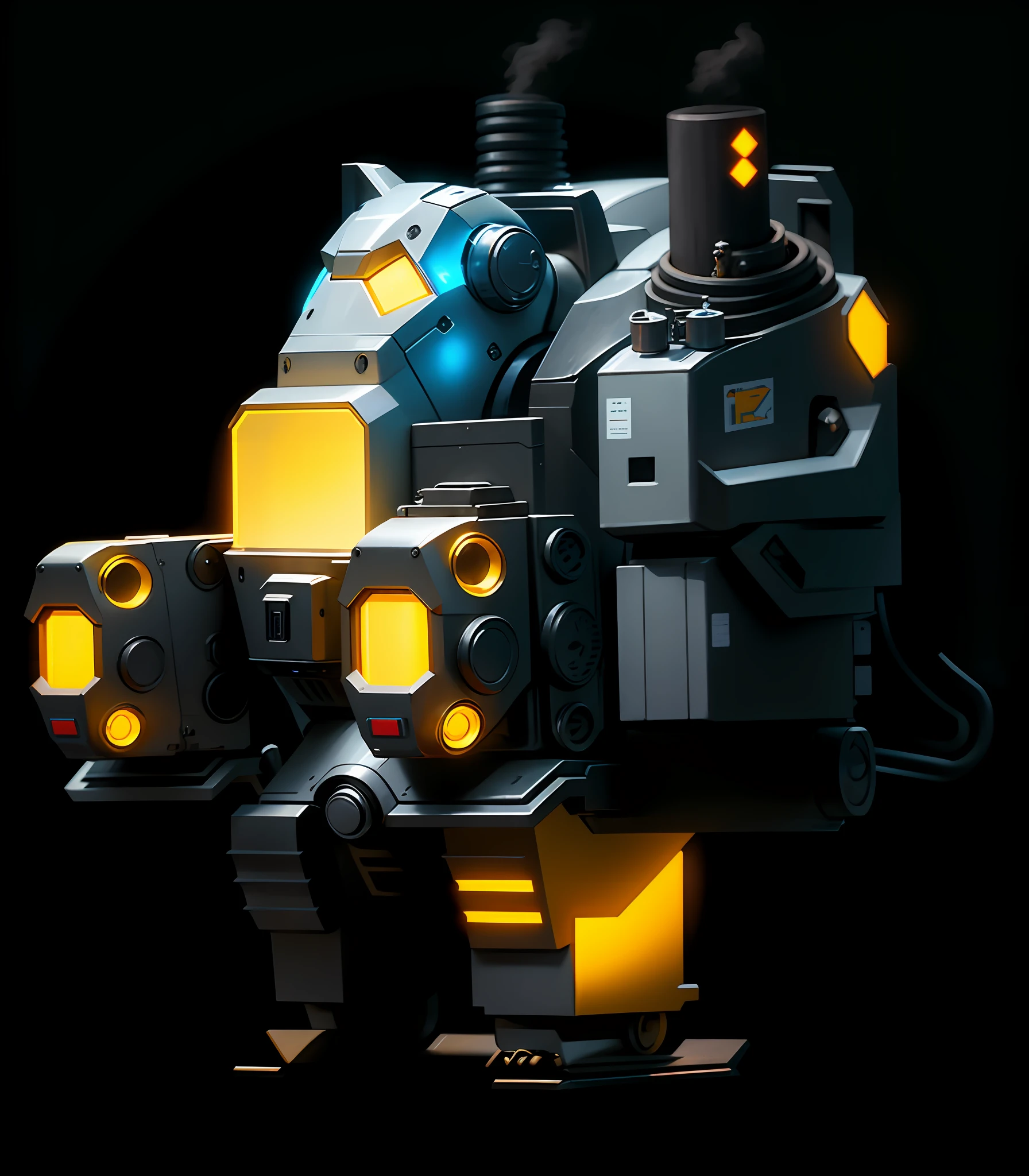 Pixel-style images of robots carrying a bunch of items, rat mechs, Vulcaon machine guns, mech hounds, sea punk mechs, Overwatch fortresses, mechs, Overwatch's road pigs, gear mechs, Collosal mechs, yellow mechs, heavy guns, metal warhead concept art, war robots, well-armored mecha dragons, orcs, back view