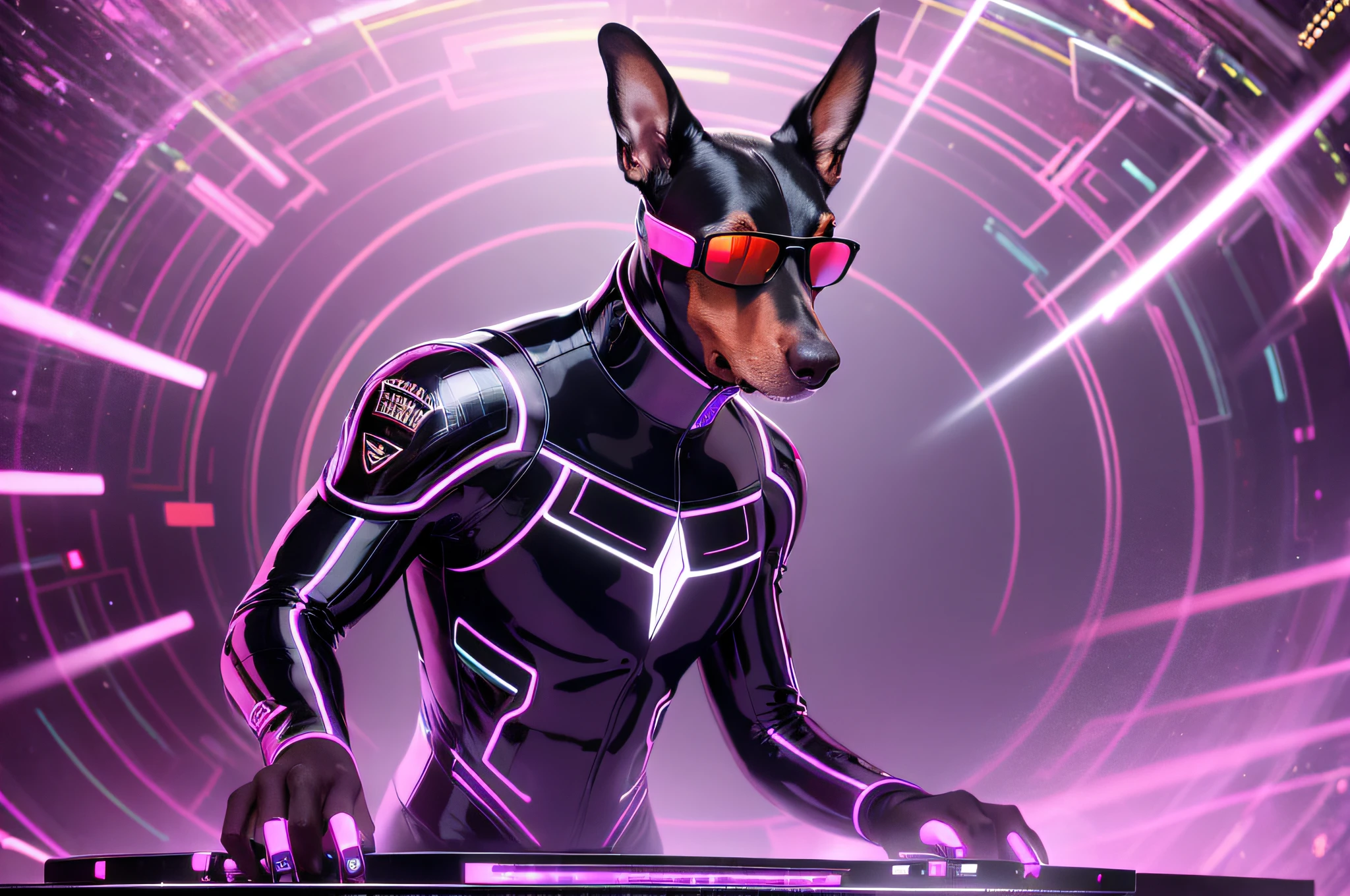 a photo of a cyber doberman playing on turntables with color light effects, with cyberlox ponyfall, spinning decks, and sunglasses, exquisite detail, 4k, Canon EOS R1, 85mm lens, very sharp image,