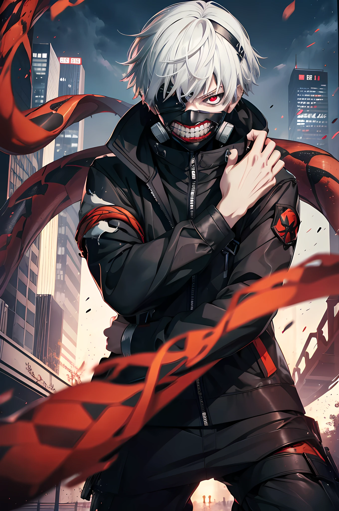 8k, anime, portrait, best quality, ultra high res, ultra detailed, high contrast color tone, extremely detailed lighting, soft lights, (masterpiece, high quality:1.4), (kaneki ken, white hair, red and black eye, mask | teeth, blood eyes, black jacket, scorpio tentacles), blood, ((full body)), (dynamic pose), ruined city background, thrilling, (fierce face)