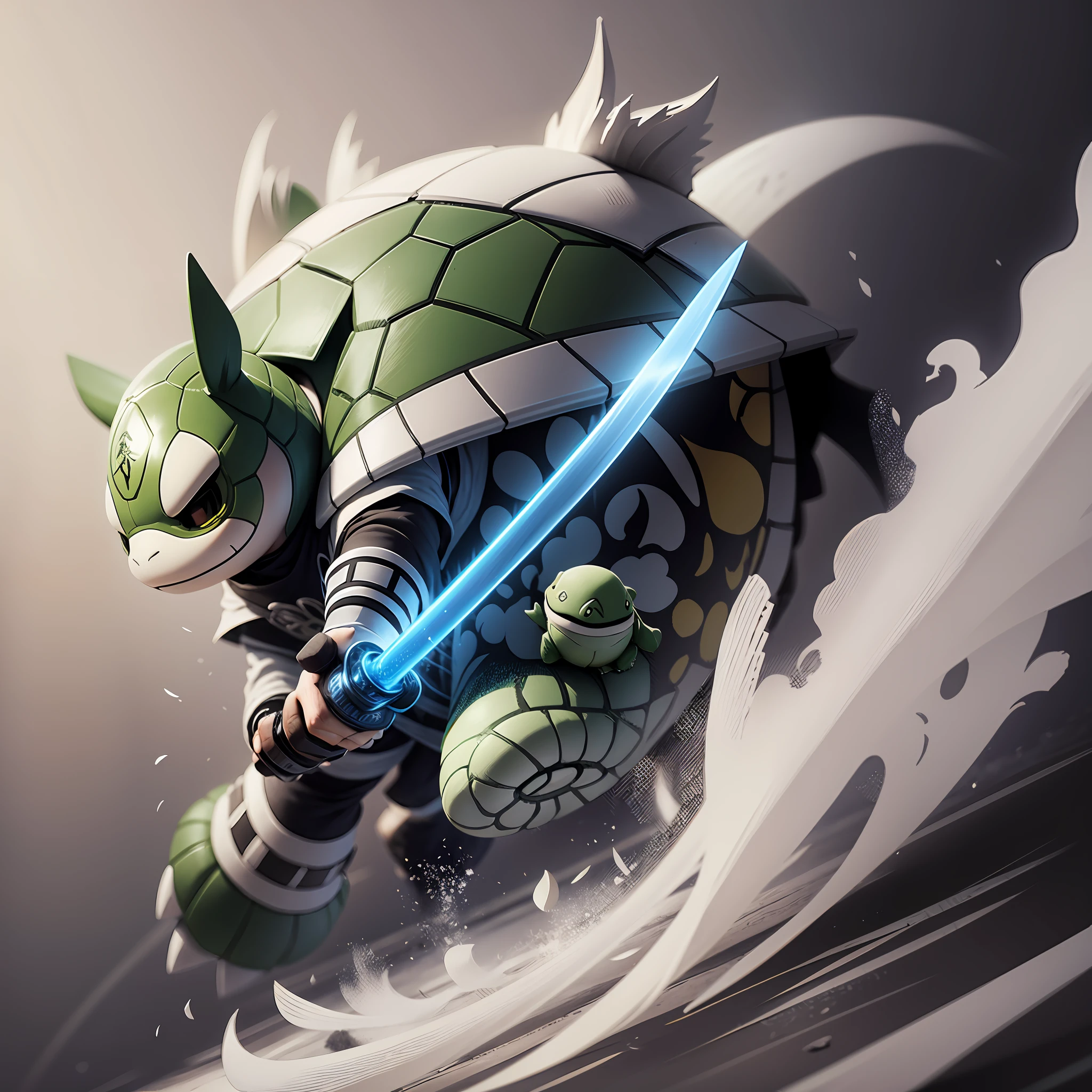 Line style, battle damage wind, little turtle with double sword, scan, black and white, sketch, light and shadow, projection, cute --auto --s2