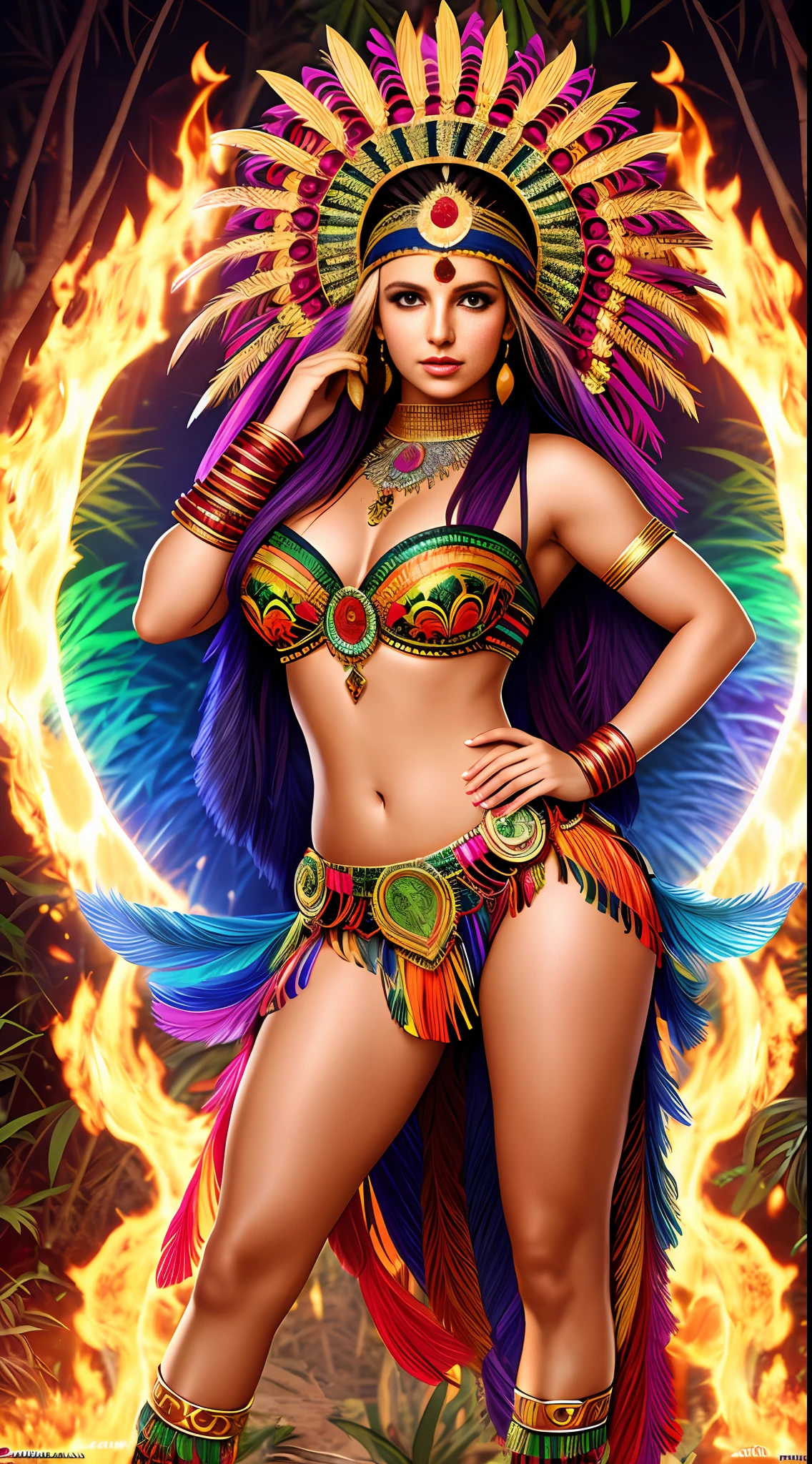 create Britney Spears of India with headdress in Full body photography of the most beautiful artwork in the world, a beautiful woman in intricate costume burning in the jungle, rainbow colors, ArtStation, CGSociety, complex, high detail, clear focus, dramatic, realistic pictorial art trends Greg Rutkovsky