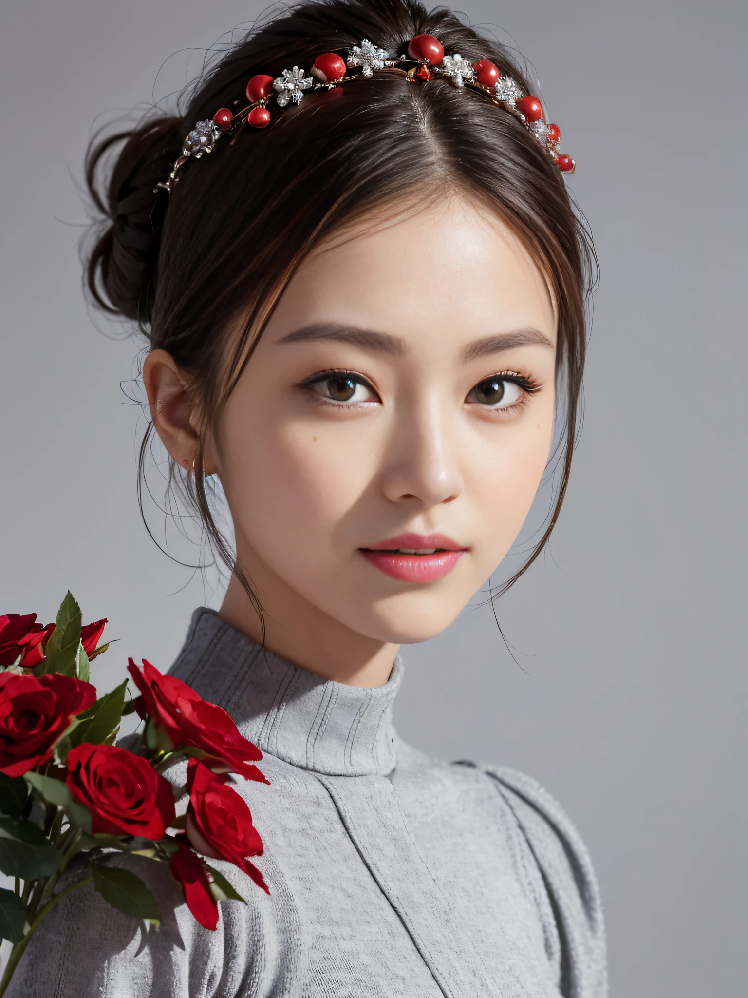 a girl,solo,masterpiece,best quality,highres,Extreme detaildelicate face,Extreme detaildelicate eyes,(face alignment),fair complexion,Exquisite hairstyle,light-colored lips,A charming smile.Strong sense of detail and layer,rich and gorgeous color,with a unique sense of texture, Rich color, color harmony, vivid painting ,design,16k,hyper detailed, abstractionism,wearing a light gray dress, printed with bouquets and red and dark gray ribbons, was paired with a red waistband and a hat decorated with small flowers for a festive winter vibe. And her hair up in an Delicate and beautiful fashion.