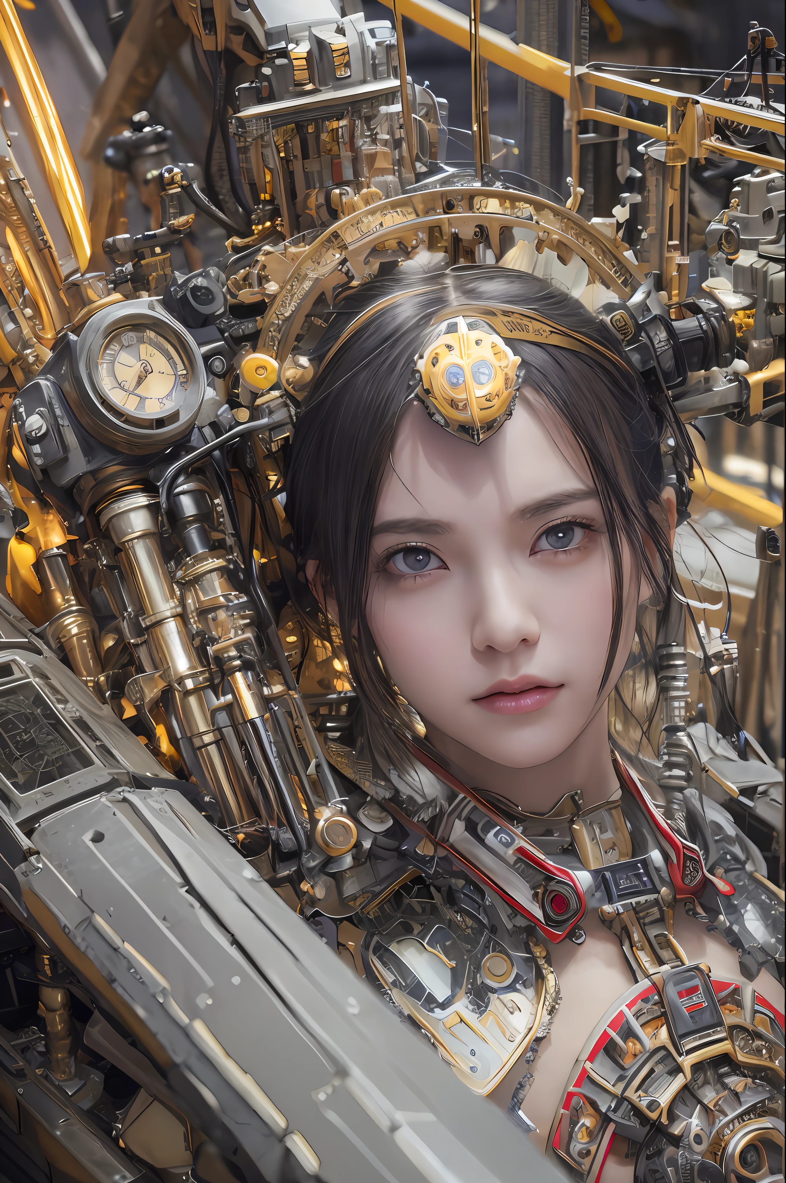 Top Quality, Masterpiece, Ultra High Resolution, (Photorealistic: 1.4), Raw Photo, 1 Girl, Black Hair, Glossy Skin, 1 Mechanical Girl, (Ultra Realistic Details)), Portrait, Global Illumination, Shadows, Octane Rendering, 8K, Ultra Sharp, Big, Cleavage Exposed Raw Skin, Metal, Detail of Intricate Ornaments, steampunk details, analog meters, gears, gears, golden hydraulic cylinders, very intricate details, realistic light, CGSoation trends, purple eyes, glowing eyes, facing the camera, neon details, mechanical limbs, blood vessels connected to tubes, mechanical vertebrae attached to the back, mechanical cervical attachment to the neck, sitting, wires and cables connecting to the head, Gundam, small LED lamps,