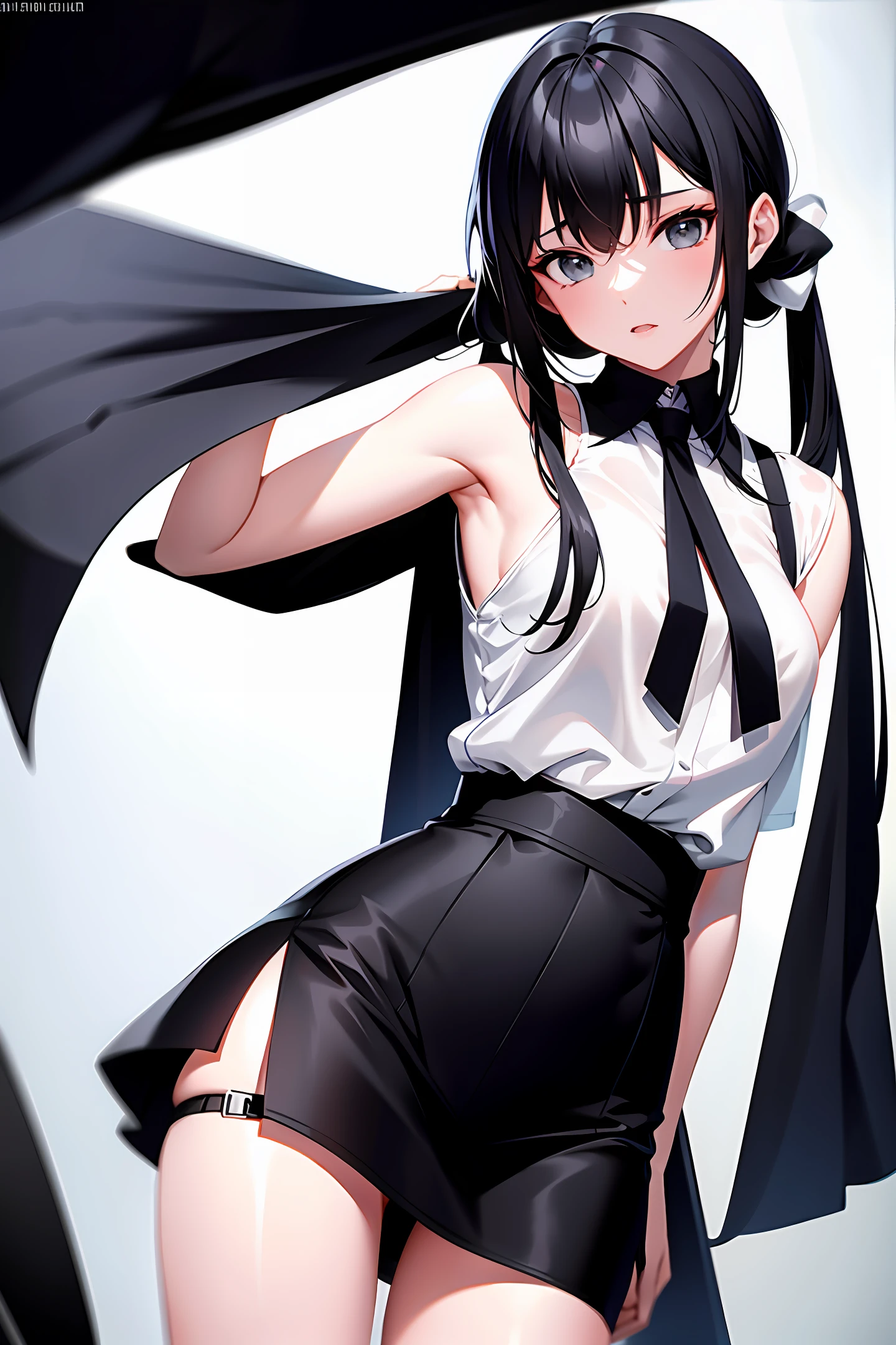 A pure and beautiful girl wearing a black silk and white miniskirt