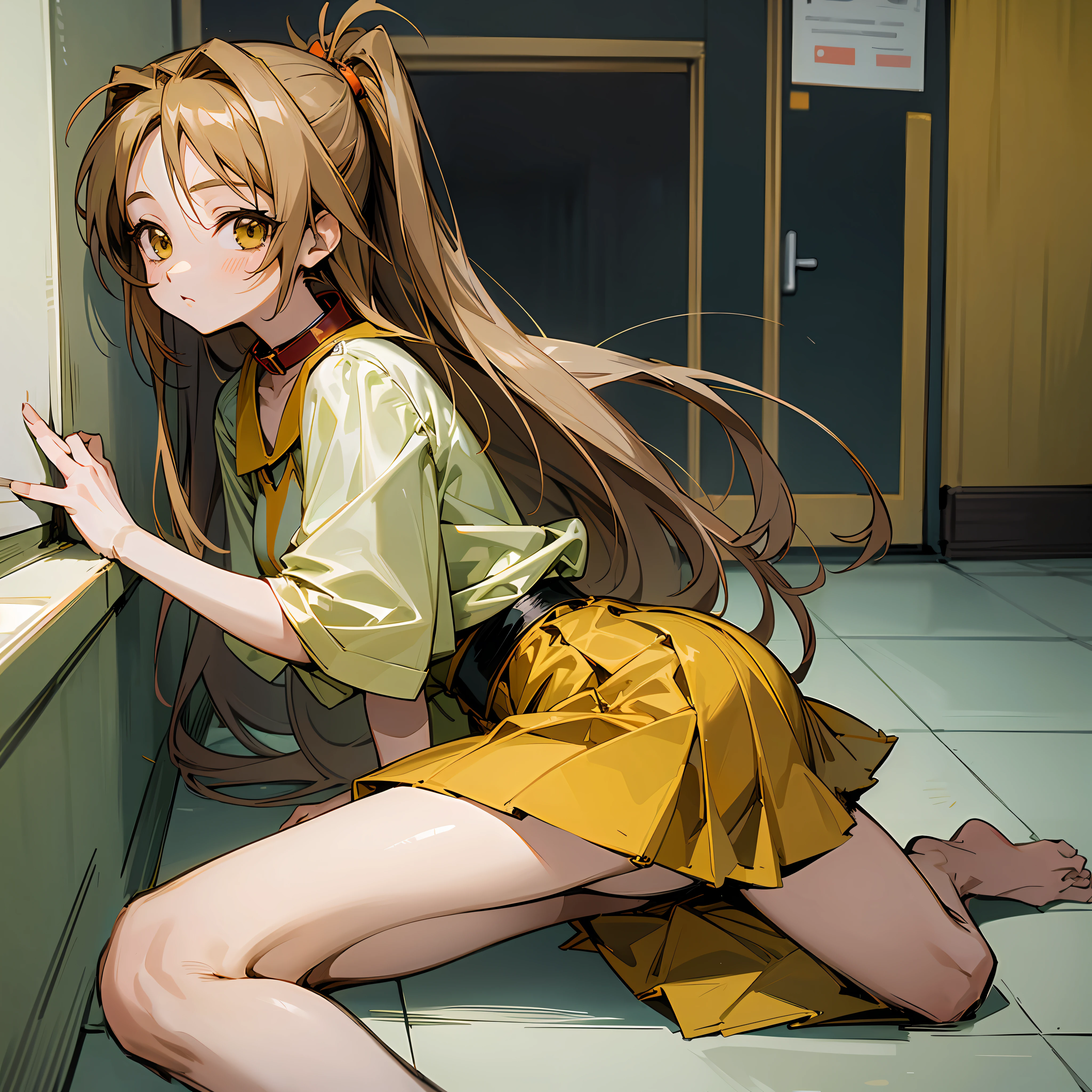 anime character similar to Naru Narusegawa from love hina in the style of the 2000s, straight and long hair coming close to the butt, size 1.60 tall with red mini skirt and blouse with yellow collar. --auto --s2