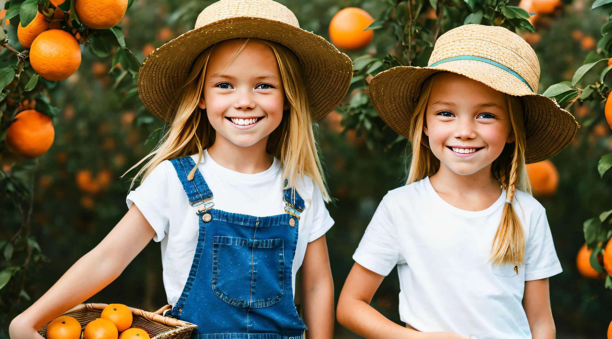 A high-resolution photo of a closeup of a BLONDE girl with long hair, in denim overalls, white T-shirt, loose farmer's hat, looking at the camera, standing in the field of (fruit trees), holding a basket of oranges