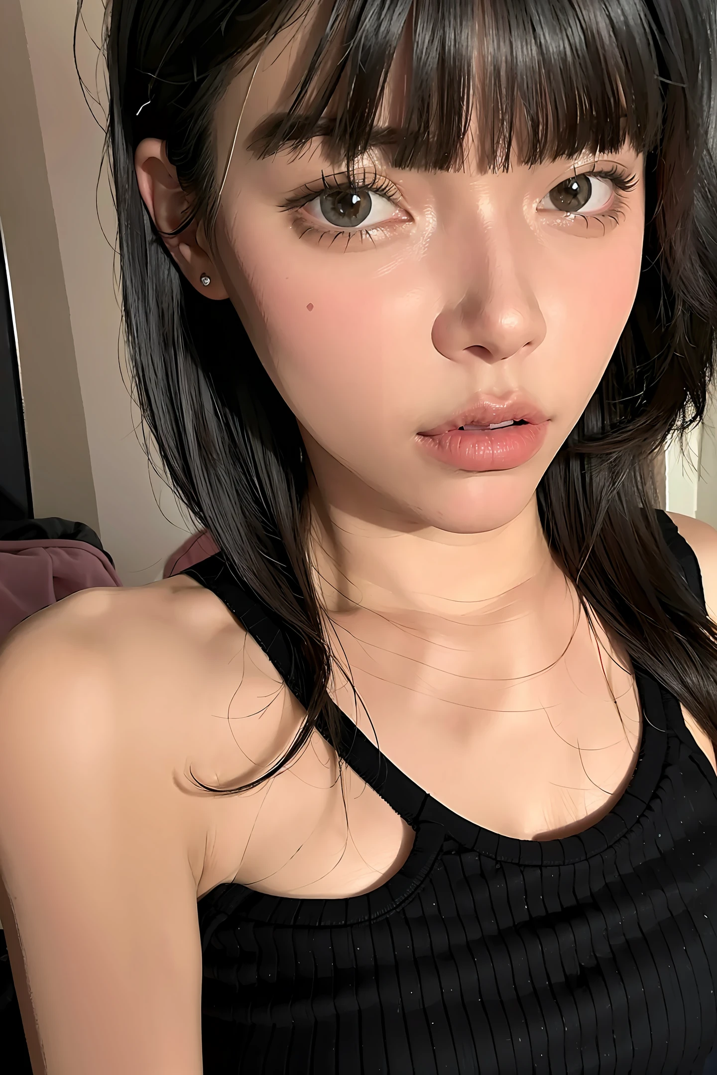 Woman, 8k black hair bedroom background, realistic