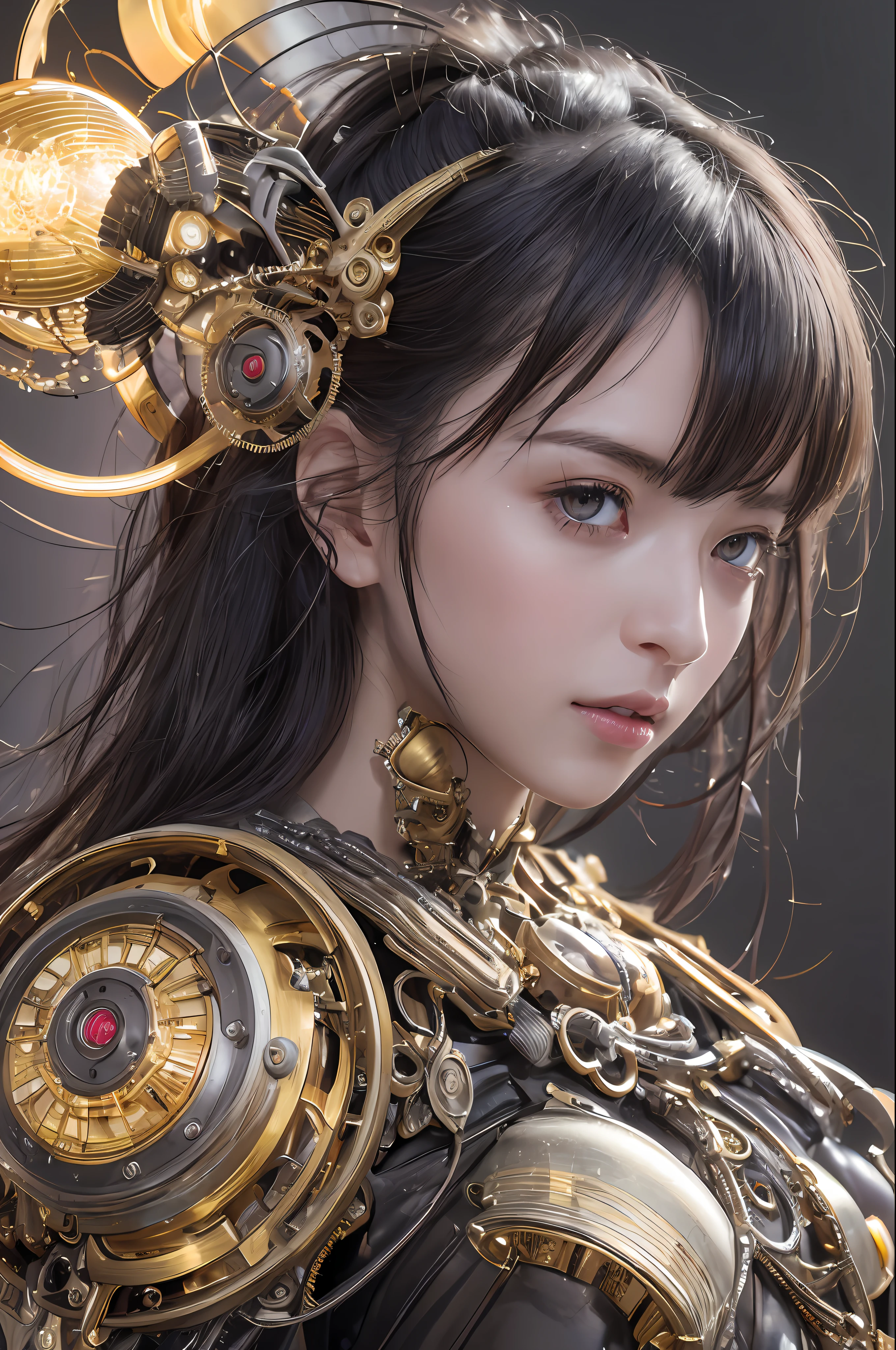 Top Quality, Masterpiece, Ultra High Resolution, (Photorealistic: 1.4), Raw Photo, 1 Girl, Black Hair, Glossy Skin, 1 Mechanical Girl, (Ultra Realistic Details)), Portrait, Global Illumination, Shadows, Octane Rendering, 8K, Ultra Sharp, Big, Cleavage Exposed Raw Skin, Metal, Detail of Intricate Ornaments, steampunk details, analog meters, gears, gears, golden hydraulic cylinders, very intricate details, realistic light, CGSoation trends, purple eyes, glowing eyes, facing the camera, neon details, mechanical limbs, blood vessels connected to tubes, mechanical vertebrae attached to the back, mechanical cervical attachment to the neck, sitting, wires and cables connecting to the head, Gundam, small LED lamps,
