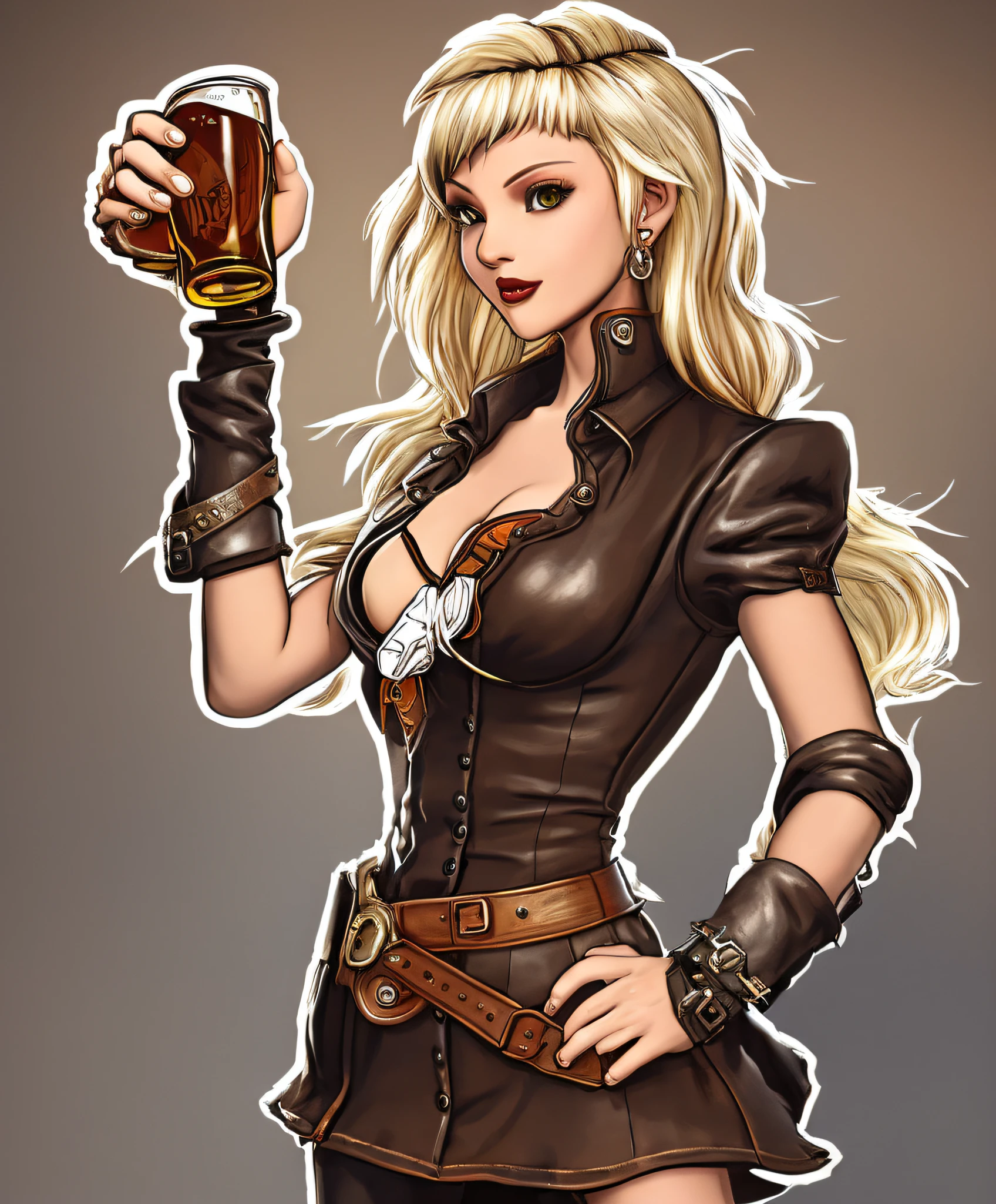 blond woman in a brown outfit holding a beer glass, octoberfest, beer, steampunk pin-up girl, karol bak uhd, render of april, guweiz, 3 d render character art 8 k, , beer advertisement, hyperrealistic schoolgirl, render of a cute 3d anime girl, krenzcushart