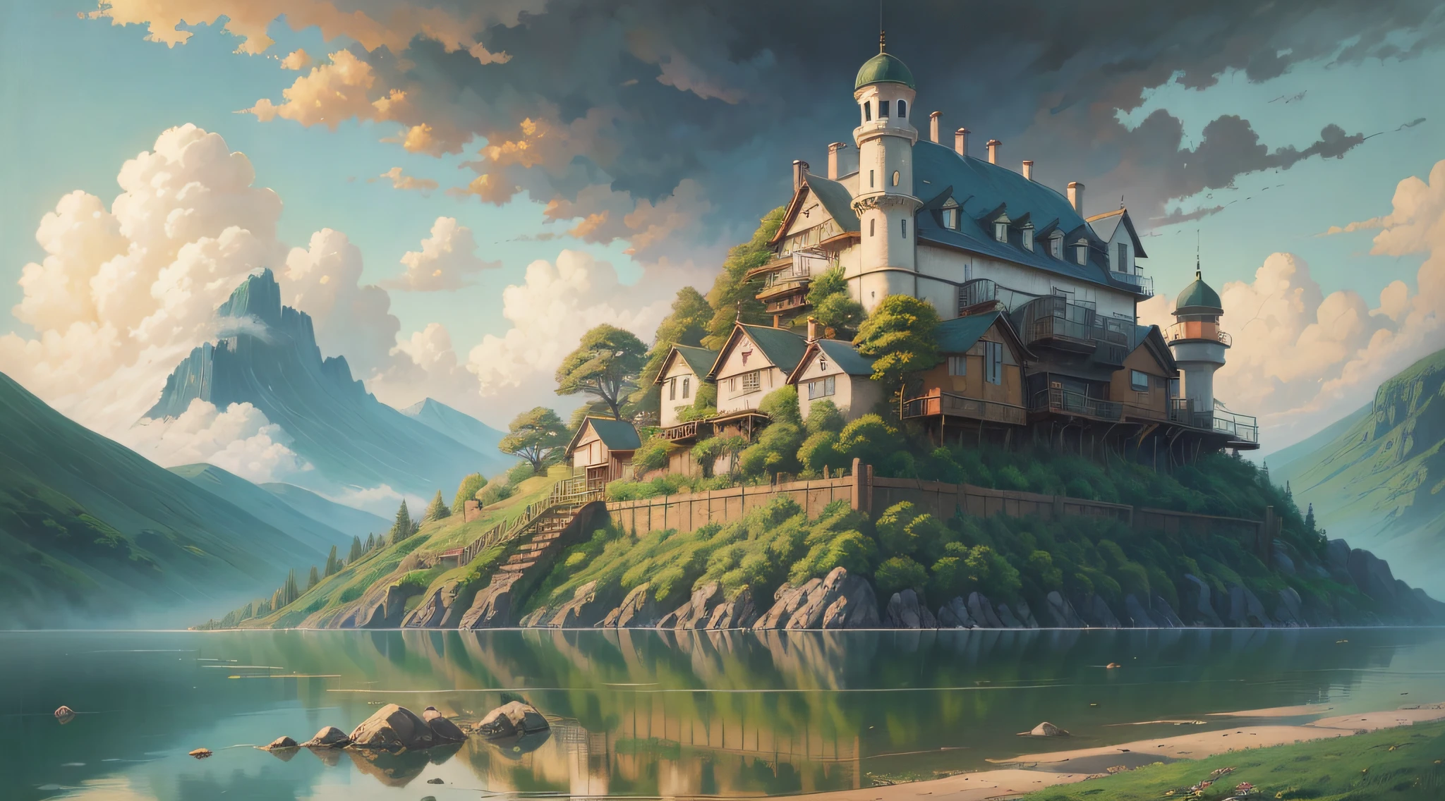 Realistic, real, beautiful and amazing landscape oil painting, Studio Ghibli, Hayao Miyazaki's,