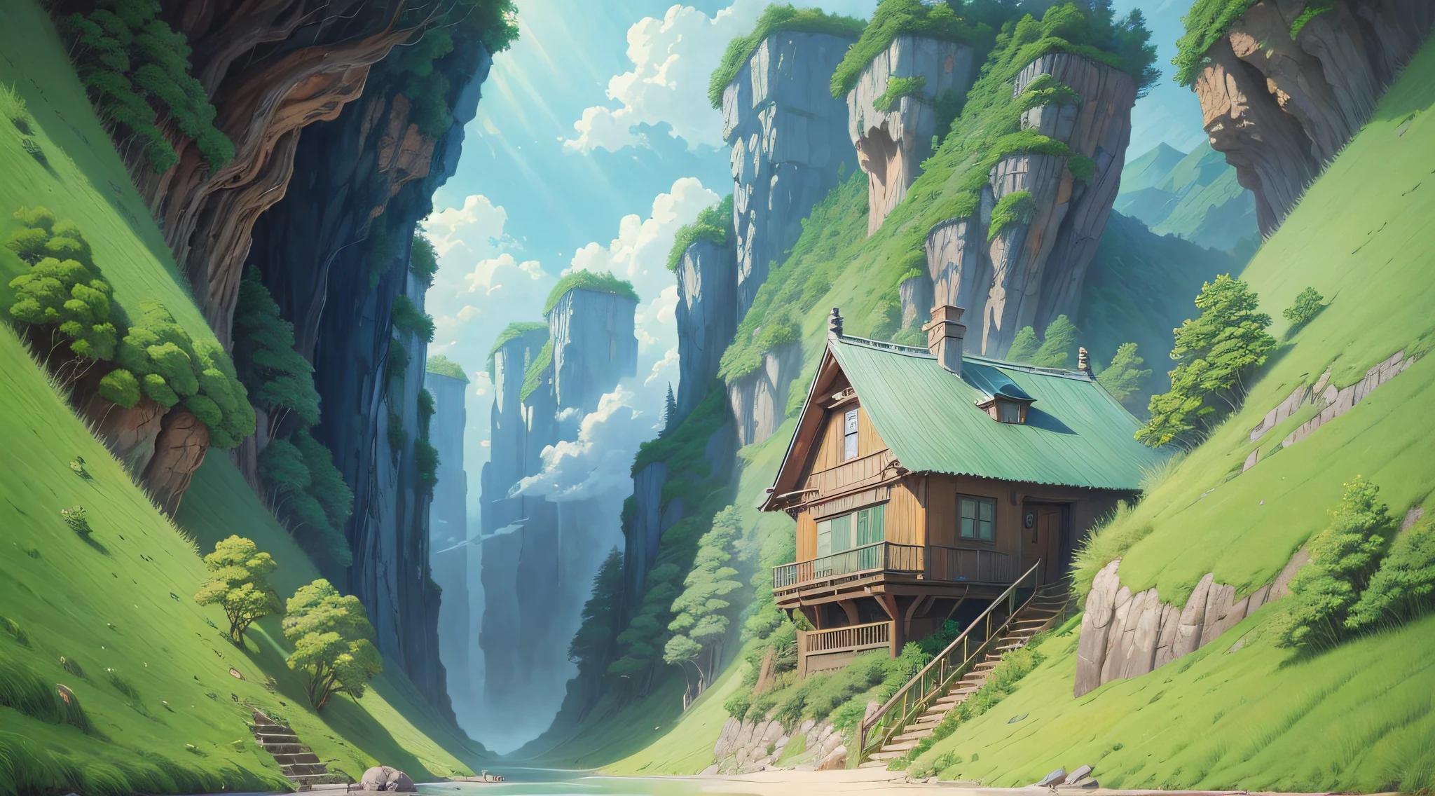 Realistic, real, beautiful and amazing landscape oil painting, Studio Ghibli, Hayao Miyazaki's,