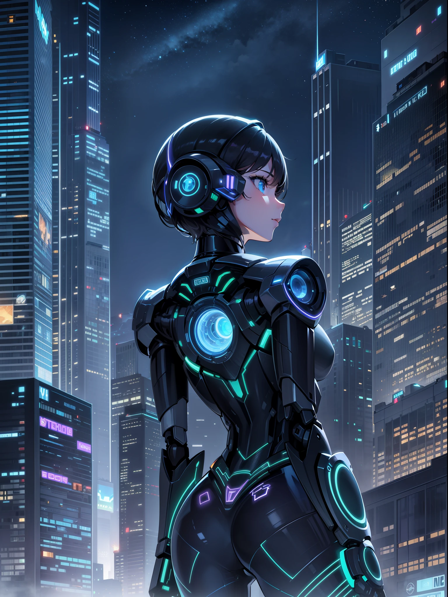 At night, buildings and robot girls shine beautifully, and the whole city is enveloped in fantastic light. The starry sky is also beautiful and harmonizes with the city lights. This futuristic cityscape represents a beautiful future where technological progress and sustainable development are combined, focusing on a robot girl