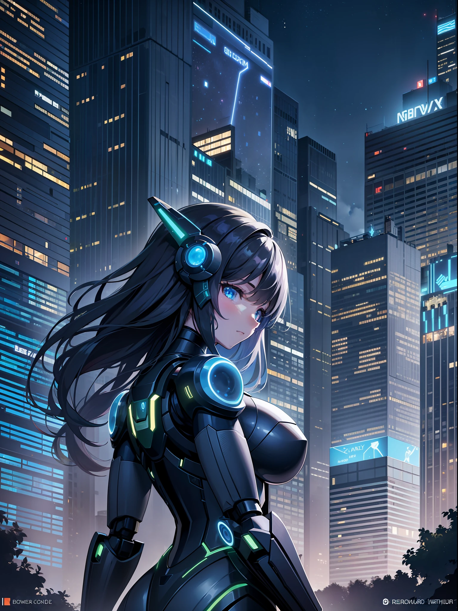 At night, buildings and robot girls shine beautifully, and the whole city is enveloped in fantastic light. The starry sky is also beautiful and harmonizes with the city lights. This futuristic cityscape represents a beautiful future where technological progress and sustainable development are combined, focusing on a robot girl