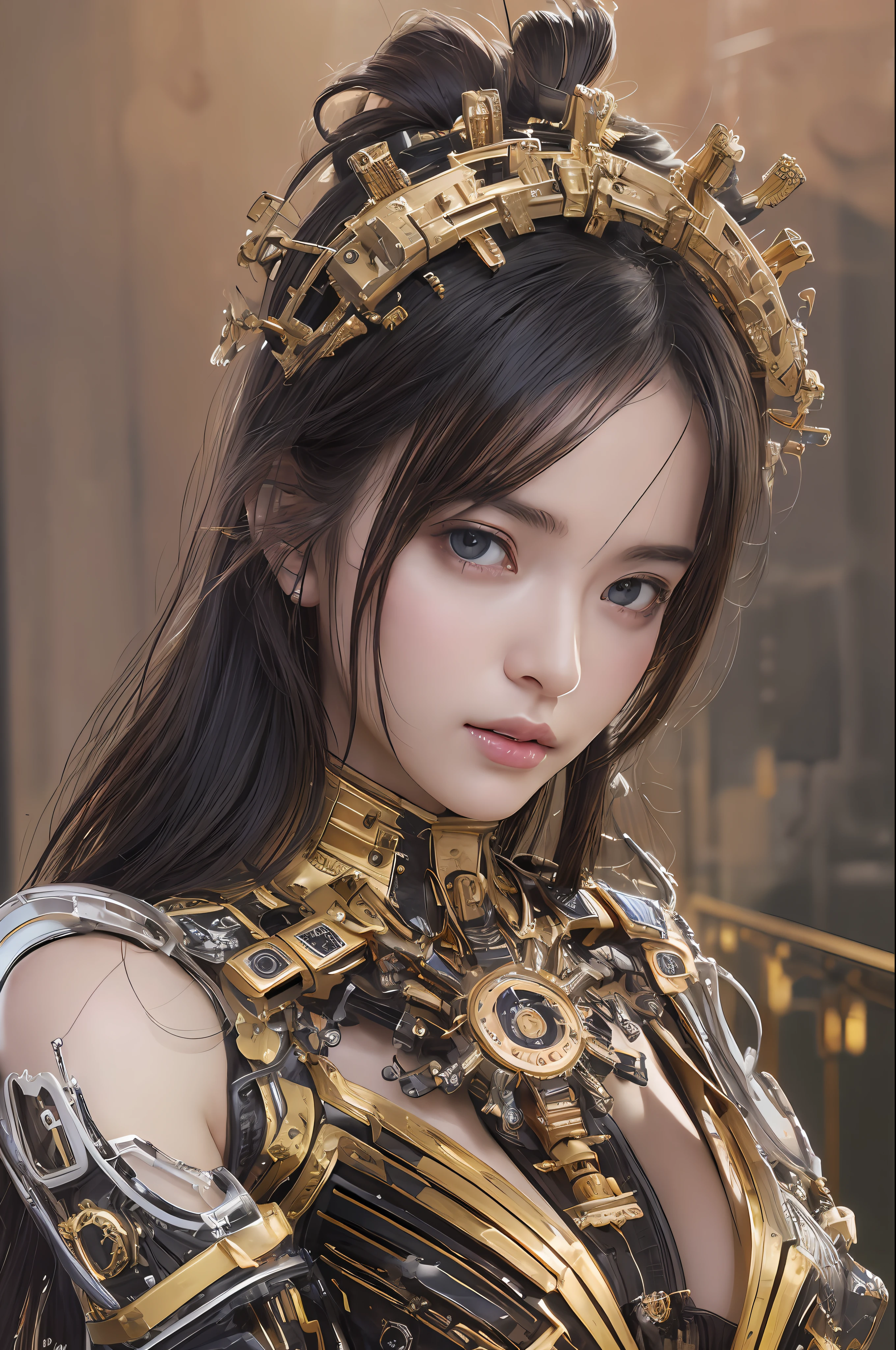 Top Quality, Masterpiece, Ultra High Resolution, (Photorealistic: 1.4), Raw Photo, 1 Girl, Black Hair, Glossy Skin, 1 Mechanical Girl, (Ultra Realistic Details)), Portrait, Global Illumination, Shadows, Octane Rendering, 8K, Ultra Sharp, Big, Cleavage Exposed Raw Skin, Metal, Detail of Intricate Ornaments, steampunk details, analog meters, gears, gears, golden hydraulic cylinders, very intricate details, realistic light, CGSoation trends, purple eyes, glowing eyes, facing the camera, neon details, mechanical limbs, blood vessels connected to tubes, mechanical vertebrae attached to the back, mechanical cervical attachment to the neck, sitting, wires and cables connecting to the head, Gundam, small LED lamps,