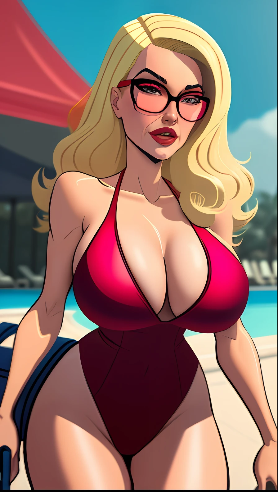 A cartoon drawing of a woman in a red swimsuit and glasses, in retro swimsuit, poolside, wet swimsuit, neckline, swimsuit model, swimsuit, Gwen Stacy, Brittney Lee, Big Breasts!, SFW huge breasts, cartoon art style, blonde goddess, close-up view,  with big breasts, wears a swimsuit, swimsuit, Art GTA 5 comics