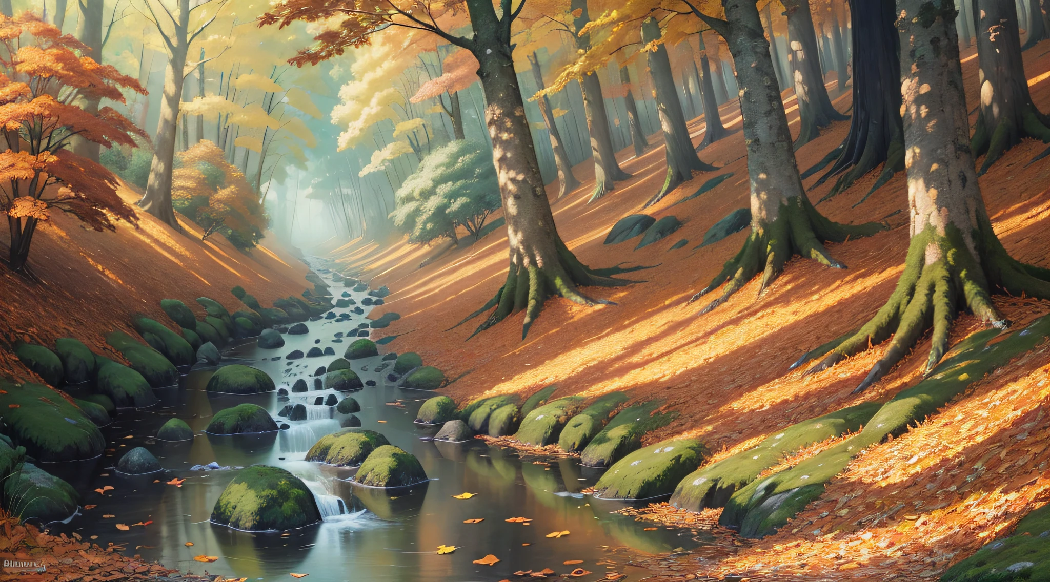 Realistic, realistic, beautiful and amazing landscape oil painting, Studio Ghibli, Hayao Miyazaki's, autumn, fallen leaves, woods