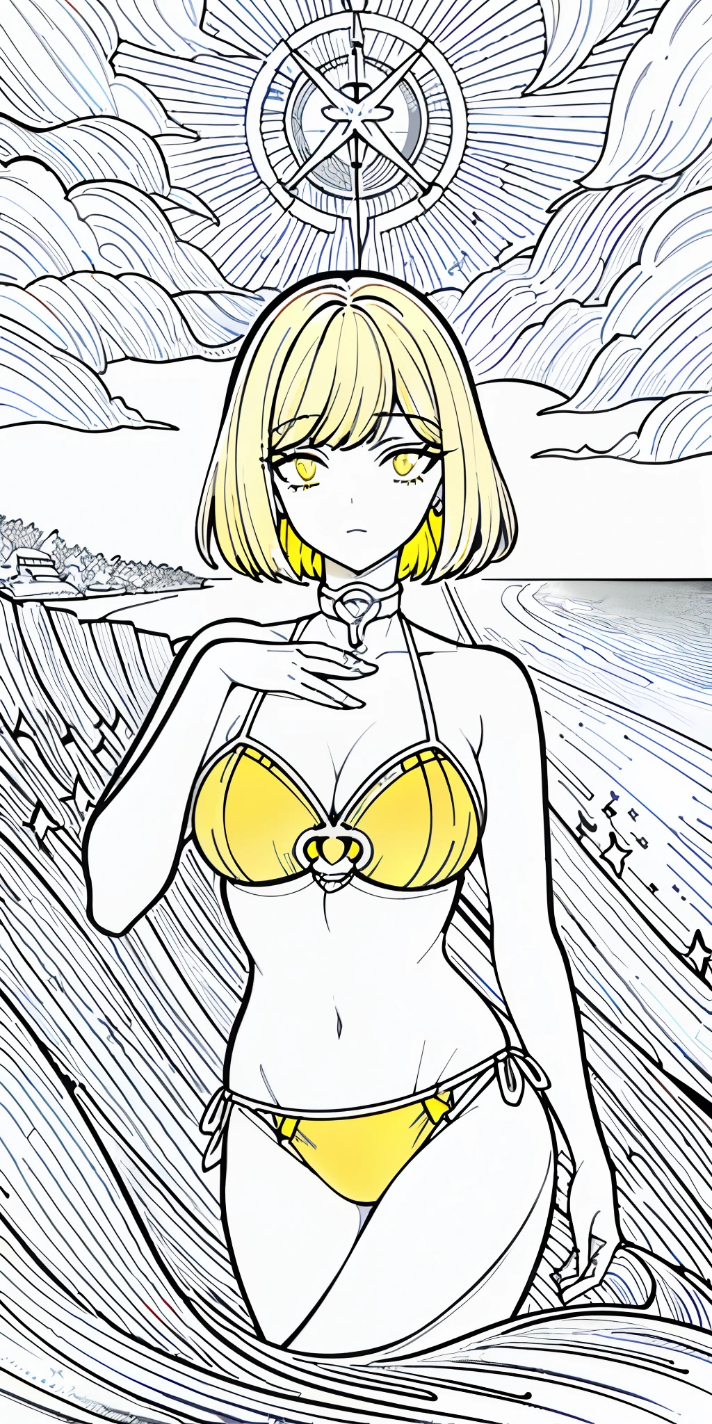 Nikkeanis, short hair, ear lenght hair, (monochromatic:1.5),(yellow accent:1.5), yellow bikini, tarot card, fine detail,((masterpiece)),(highest quality),(tarot ilustration),ilustration, close up, beach scenery.