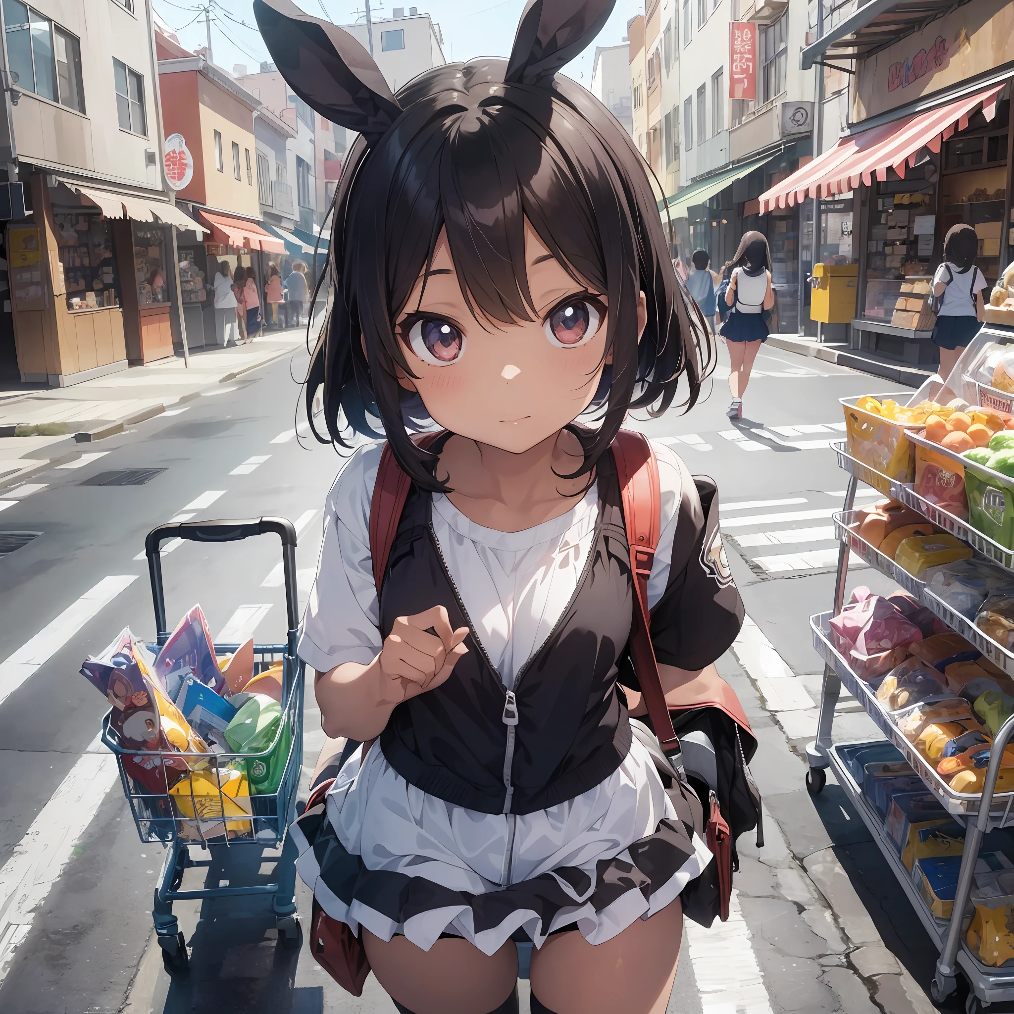 Shopping cart ride, chibi, school swimsuit, thick eyebrows, (huge backpack: 1.5), (dark skin: 1.3), brown skin, movie lighting, small, rabbit ears, (masterpiece), ((best quality)), (super detailed), glossy skin, full body anime girl, clean and detailed anime face, high resolution anime eyes, five fingers, textile shading, perfect human structure, perfect anatomy、