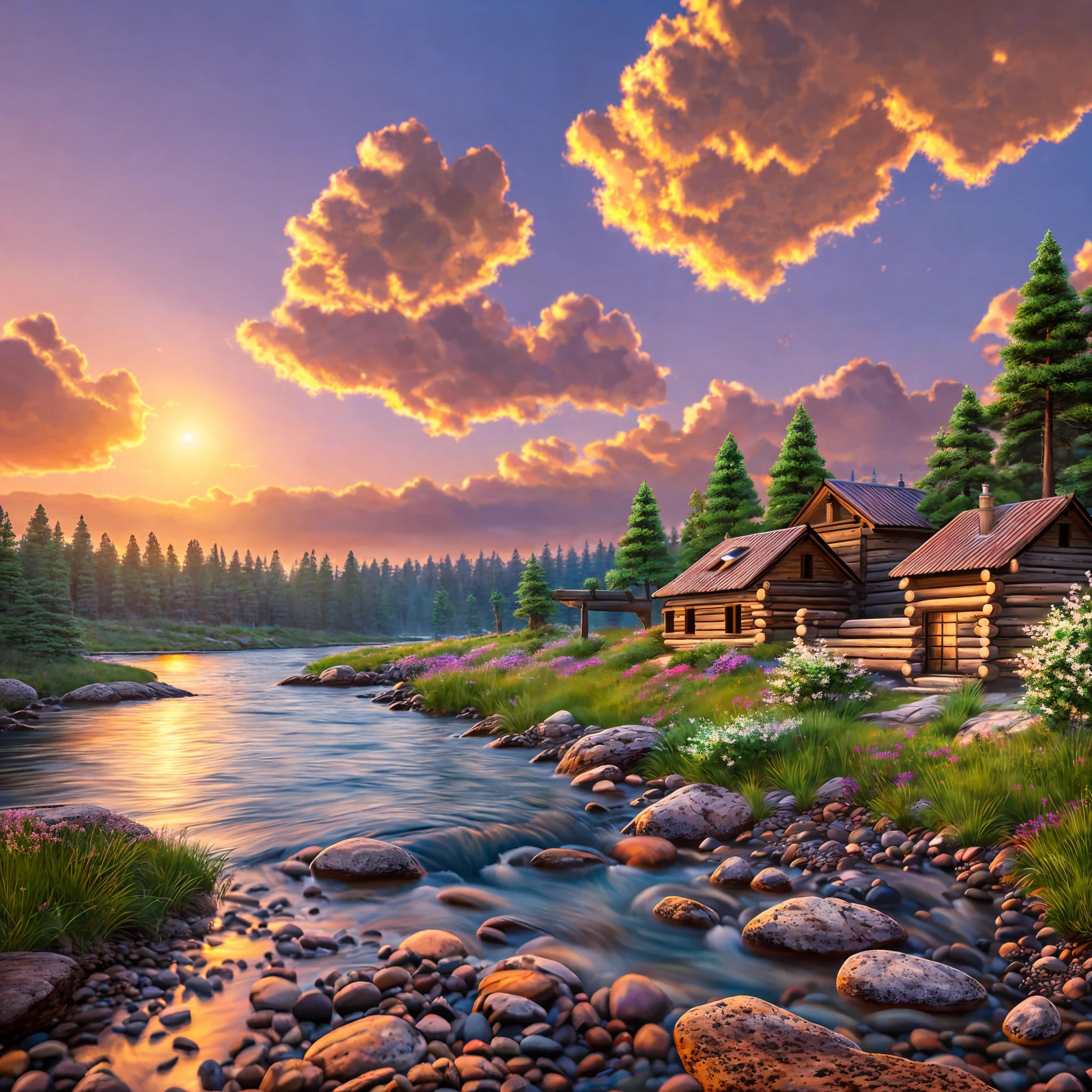 (Digital Painting), (Best Quality), Calm European Nature, (Pine Forest), Bubbling River with Rocks, ((Wooden House on the Coast)), (Pedestrian Bridge), Cumulus, Popular Deviant Art, Ultra-Realistic 8k, Pastel Color Schemes, Soft Lighting, Golden Hour, Calm Atmosphere, Rising Sun --auto --s2