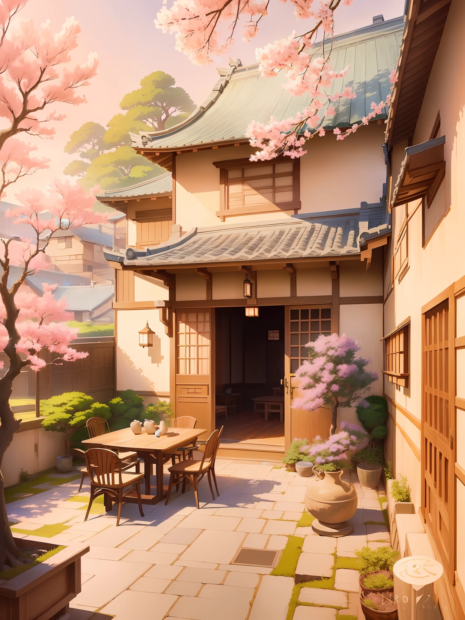 painting of a courtyard with a table and chairs and a tree, anime background art, beautiful anime scene, beautiful anime scenery, ross tran. scenic background, japanese art style, anime beautiful peace scene, japanese house, japanese village, beautiful digital artwork, studio ghibli environment, traditional japanese concept art, studio glibly makoto shinkai, inspired by Hiroshi Yoshida