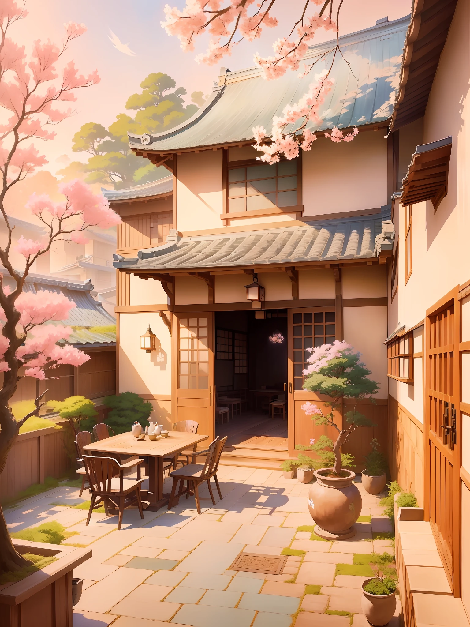 painting of a courtyard with a table and chairs and a tree, anime background art, beautiful anime scene, beautiful anime scenery, ross tran. scenic background, japanese art style, anime beautiful peace scene, japanese house, japanese village, beautiful digital artwork, studio ghibli environment, traditional japanese concept art, studio glibly makoto shinkai, inspired by Hiroshi Yoshida
