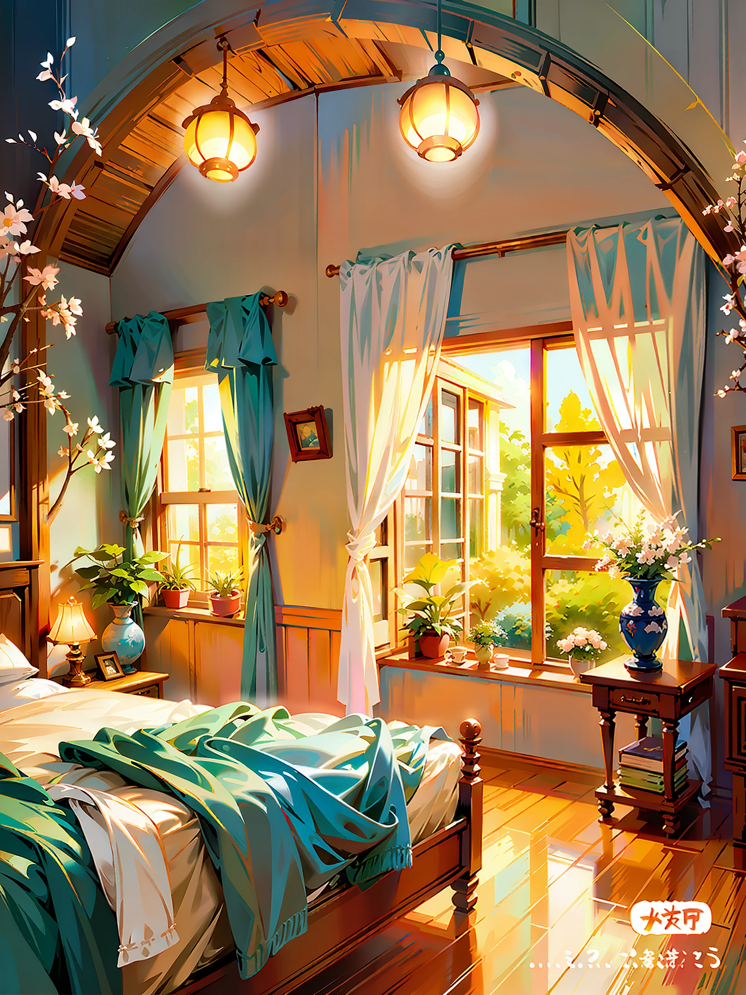 there is a bed with a blue comforter and a window, bedroom in studio ghibli, a sunny bedroom, thomas kinkade. cute cozy room, rpg maker style bedroom, anime background art, bedroom background, anime beautiful peace scene, personal room background, cozy and peaceful atmosphere, detailed scenery —width 672, interior background art, cozy room, cozy home background