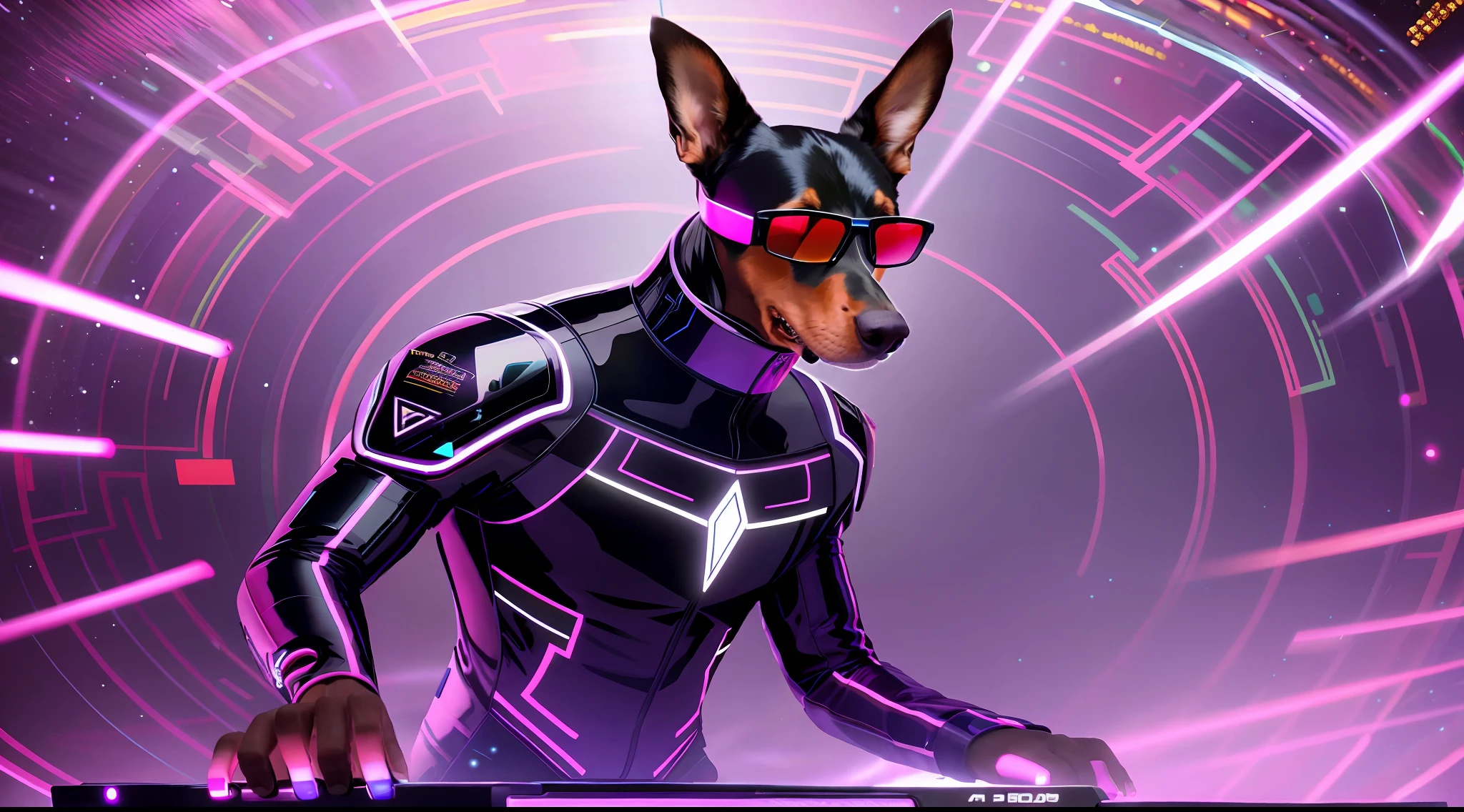 a photo of a cyber doberman playing on turntables with color light effects, with cyberlox ponyfall, spinning decks, and sunglasses, exquisite detail, 4k, Canon EOS R1, 85mm lens, very sharp image,