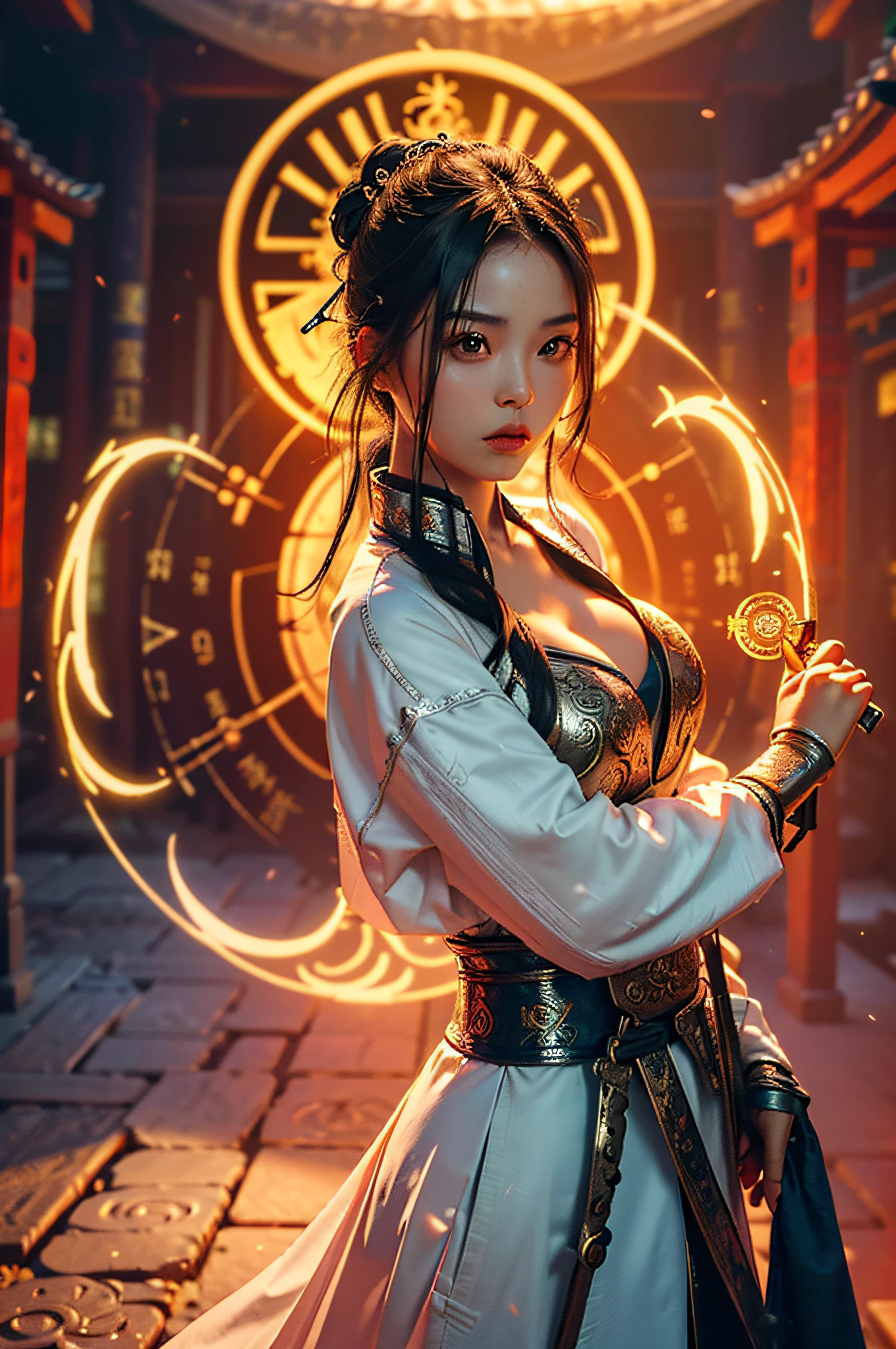 Best quality,masterpiece,ultra high res,(photorealistic:1.4),xiuxian,weapon,Detailed face,
1girl,solo,weapon,cleavage,(magic circle:1.2),xiuxian,upper body,Beautiful girl,full body,east asian architecture,sheath,architecture,