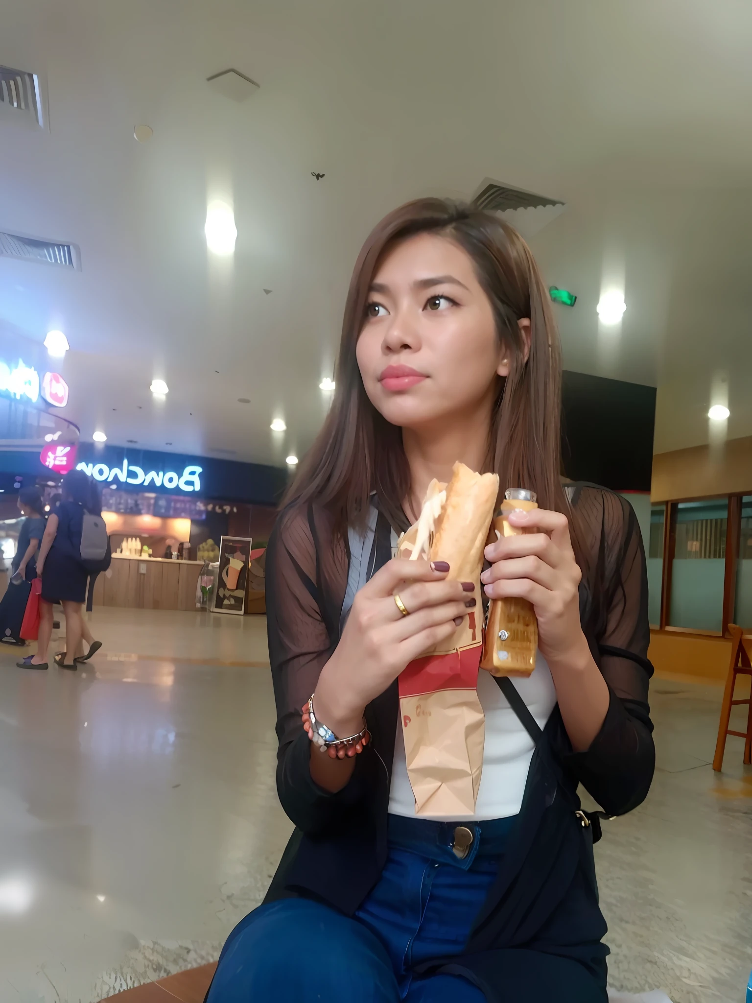 there is a woman sitting on a bench eating a sandwich, eating, cindy avelino, candid photo, holding a baguette, having a snack, at a mall, candid photograph, in a mall, dang my linh, handsome girl, candid picture, nivanh chanthara, 2 7 years old, beautiful lady, 2 8 years old, 2 2 years old