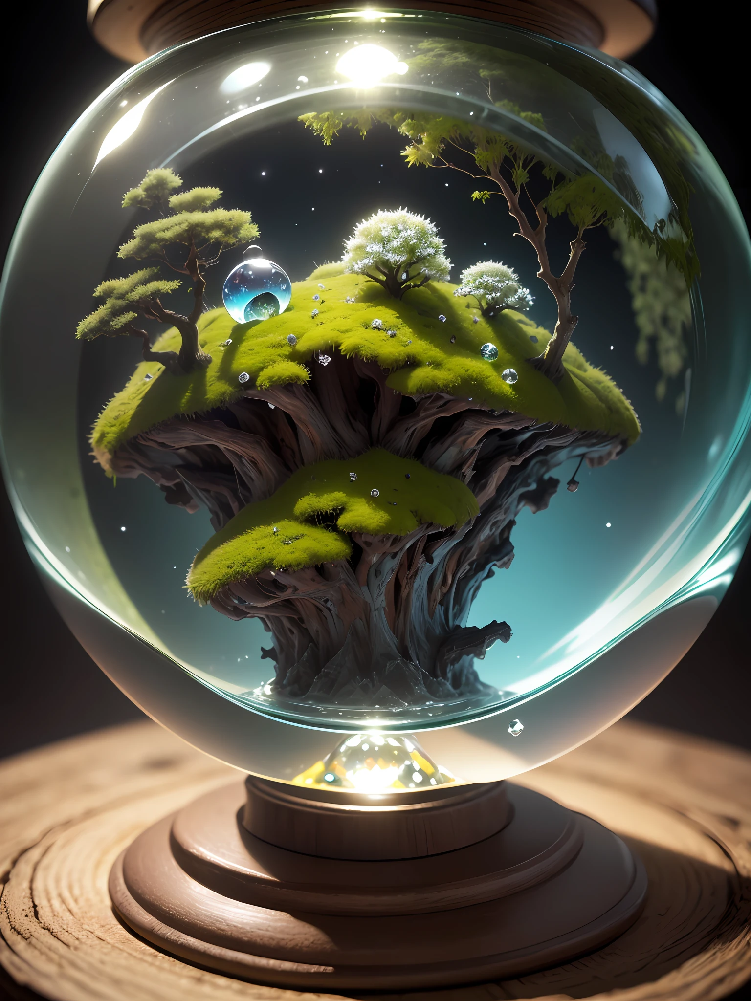 Ultra-realistic, 16K high resolution, (Max Sharp Focus: 1.3), (Max Close-up: 1.5), (World of Moss trapped in a crystal perfect ball with pedestal on a table: 1.7), (Micro perspective, giant moss, Milky Way: 1.5)