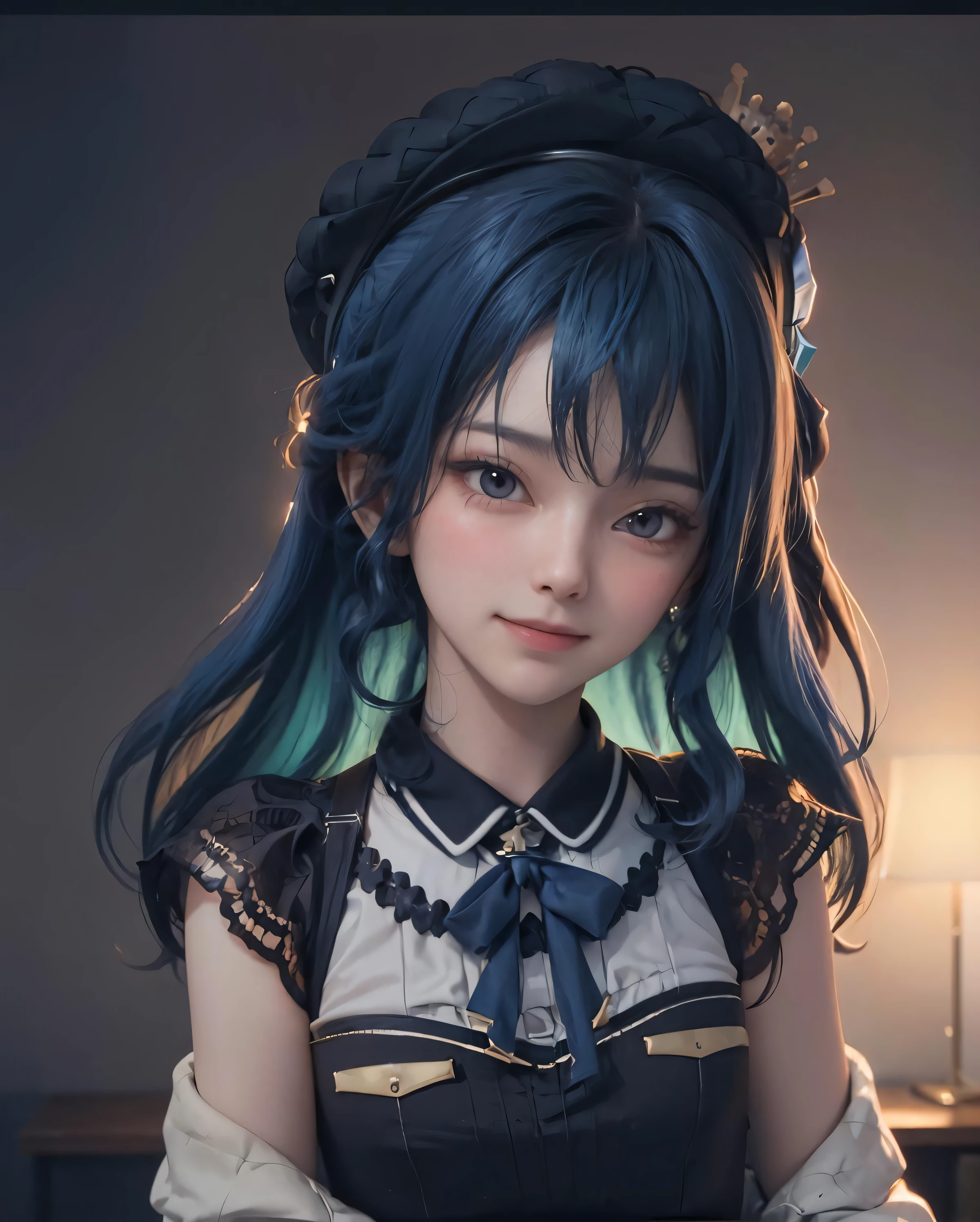 best quality, masterpiece, portrait, a photography of a beautiful girl, detailed face, naughty smile, (blush:1.2), blue hair, random background, 
best quality, intricate details, hoshimachi suisei, (flat chest, small breasts), teen age, detailed face, (slim, athletic_body), (film_grain:1.1),
Pure_Innocent_girl,|} pureerosface_v1:0.125, (face closeup),  pov, (((depth of field))), pale and lustrous skin, 
vivid,detailed, realistic, beautiful, stunning lighting, stunning reflections, sun rise, bokeh mood, Off-the-shoulder lace blouse,