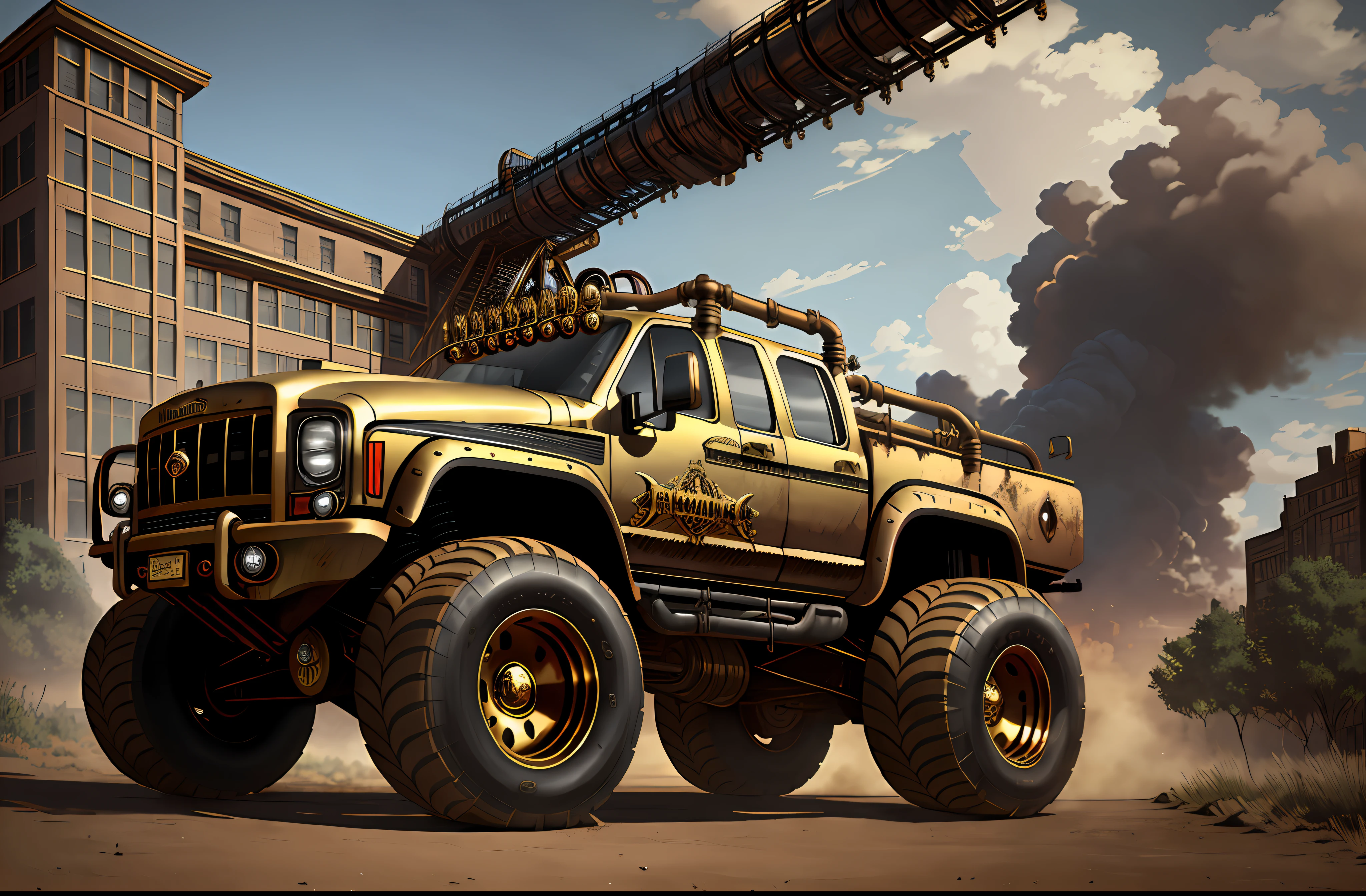 a stunning photo of a steampunk monster truck, side view, brass, steel, pipes