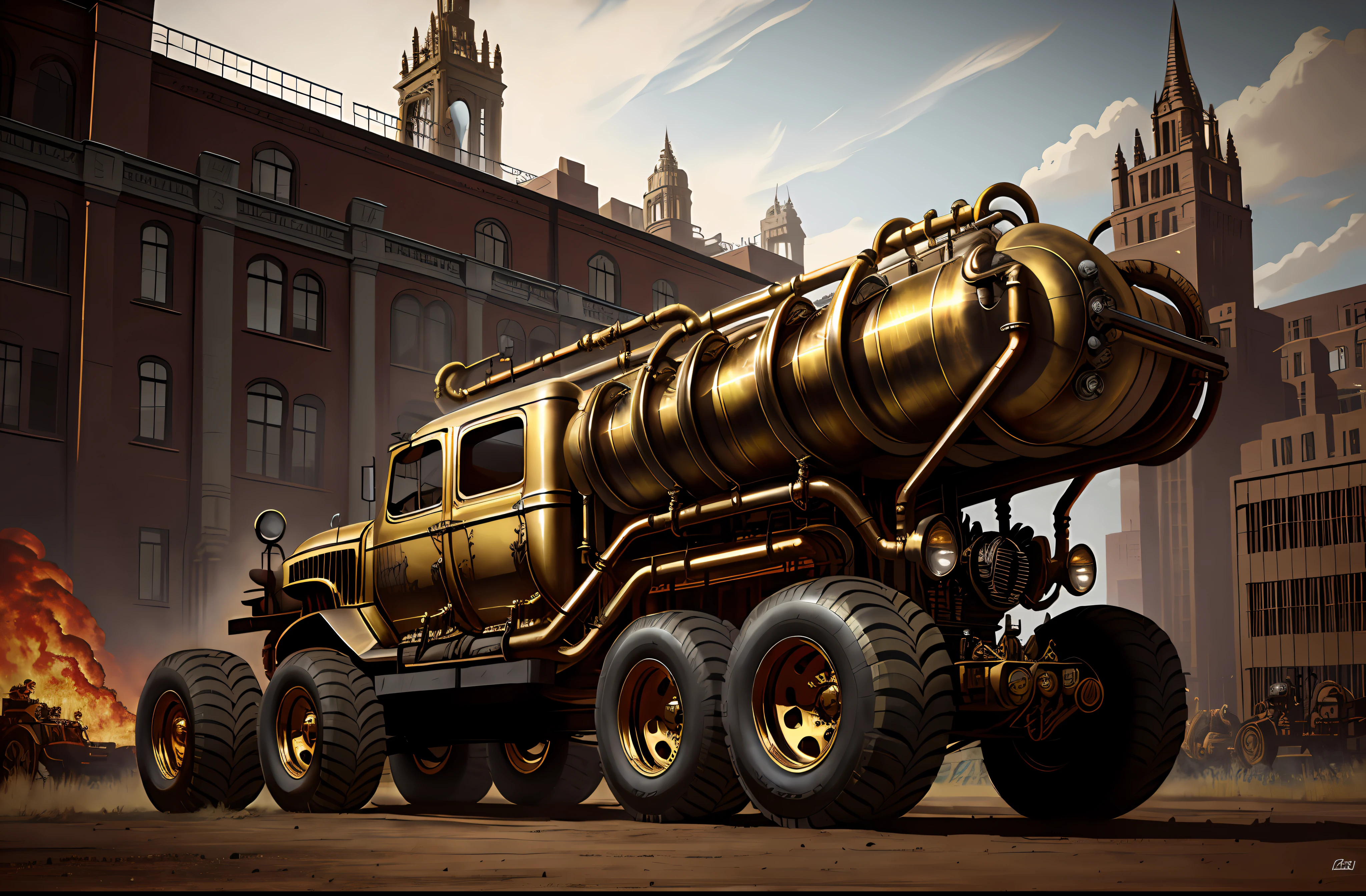 a stunning photo of a steampunk monster truck, side view, brass, steel, pipes