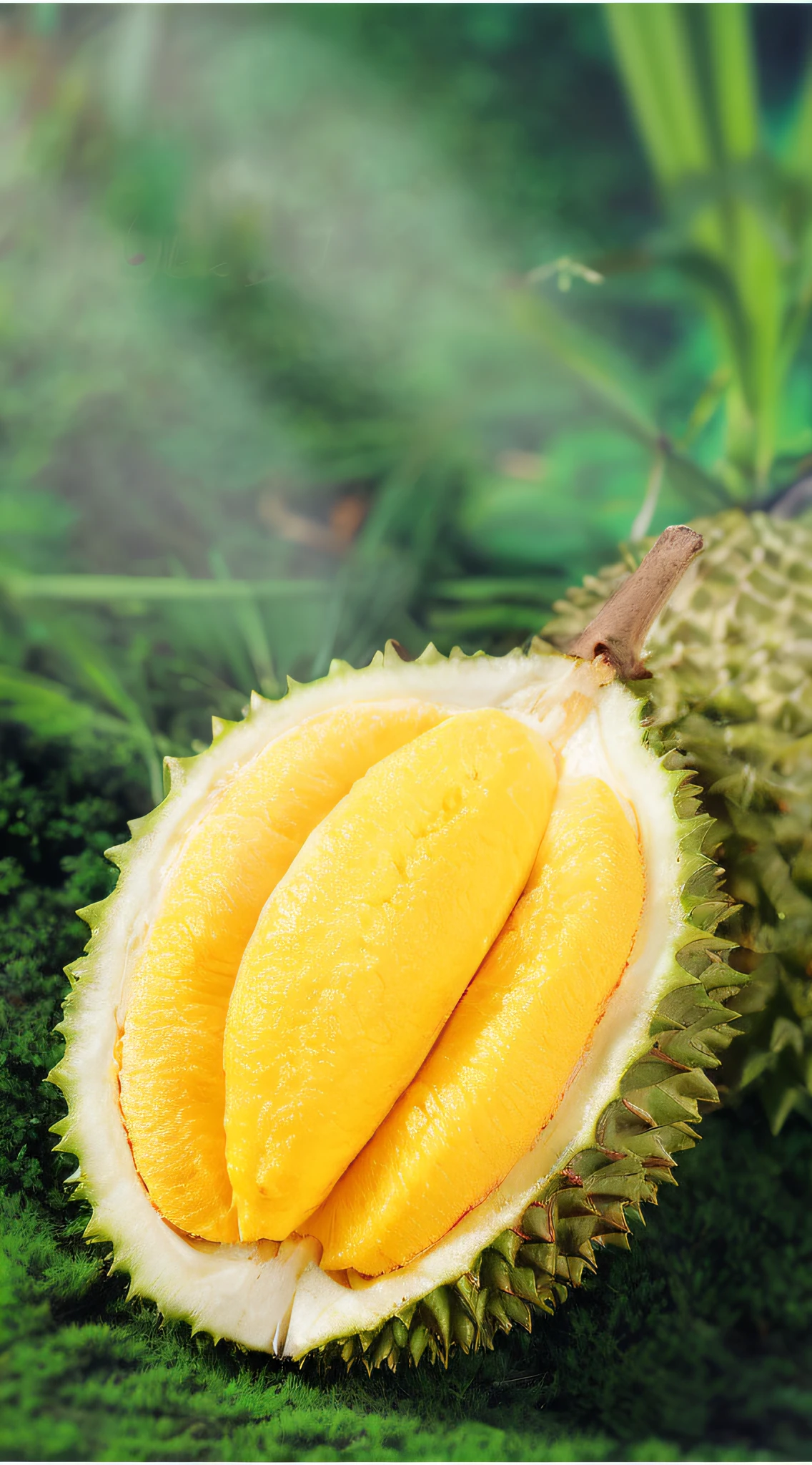 Durian sitting on green grass surface, tropical fruit, jungle fruit, fruit, professional fruit photography, alien fruit, exclusive, award-winning, award-winning, mango, comfortable, trend,,It has lemon peel texture, noon, dragon fruit, warm, high quality product image", eating rotten fruit, portrait photo, Oscar award-winning, professional